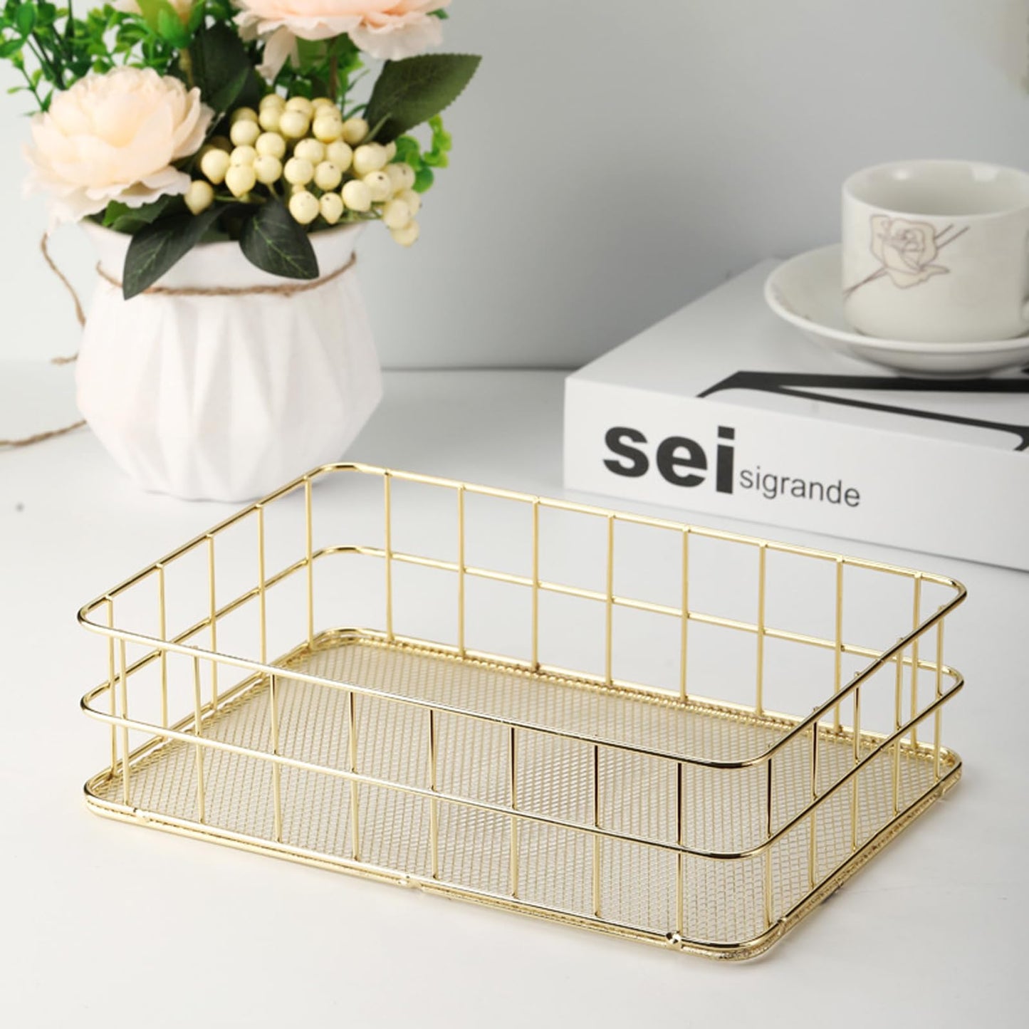 Seully Gold Storage Basket,Desktop Finishing Wrought Iron ,Metal Wire Fruit Storage Basket,Toiletries /Multi Purpose Desktop Storage for