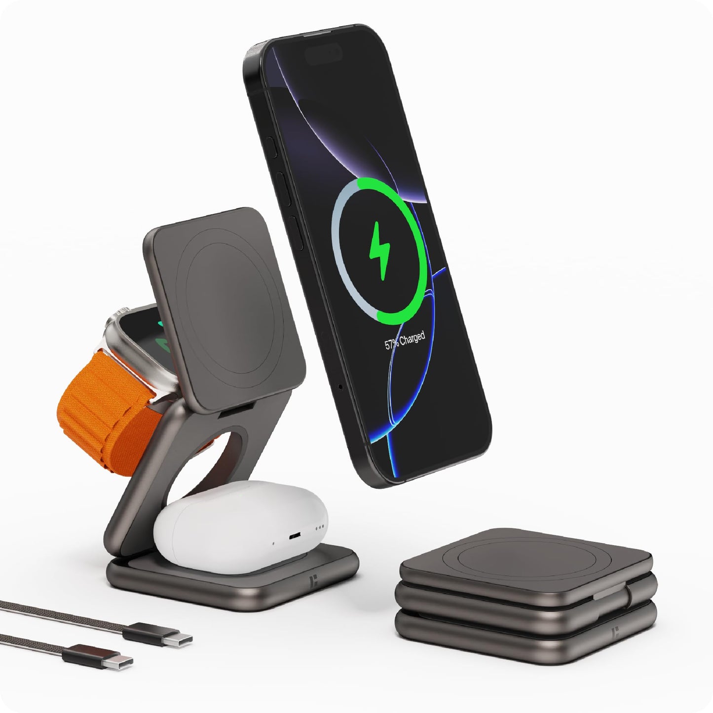 HIROTO MagSafe-Compatible Origami 3-in-1 Wireless Charger Station, Aluminium Alloy Qi-Certified iPhone charger for 17/16/15/14/13 Series, apple watch