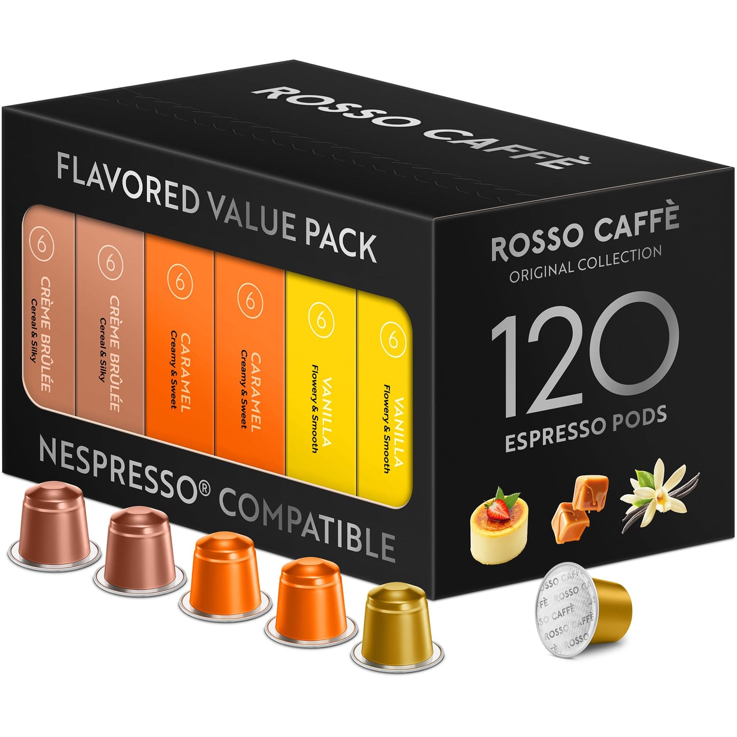 ROSSO CAFF? 120 Nespresso Machine Compatible Capsules, Flavour Pack (Vanilla, Caramel & Creme Brulee), Aluminium Coffee Pods, Compatible with Original