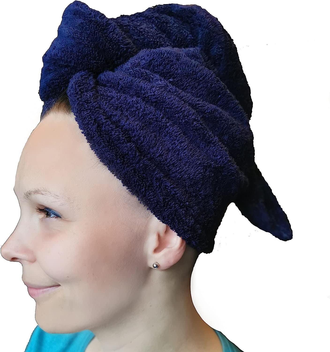 LLAMAXY 100% Pure Organic Cotton Hair Towel - Quick Twist Rapid Dry Turban for Adults and Children - 2 Pack Blue