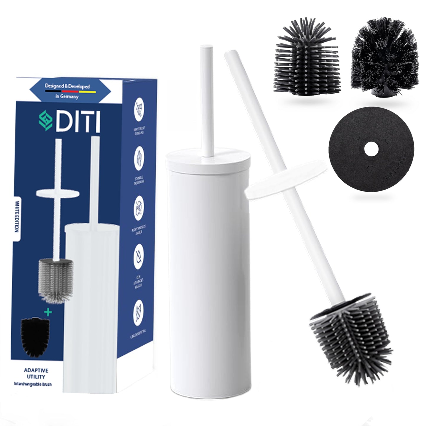 DITI Toilet Brush Round Silicone White - Stainless Steel Toilet Brush with Holder, Splash Guard & 2 Replacement Brushes - Antibacterial Toilet Brush