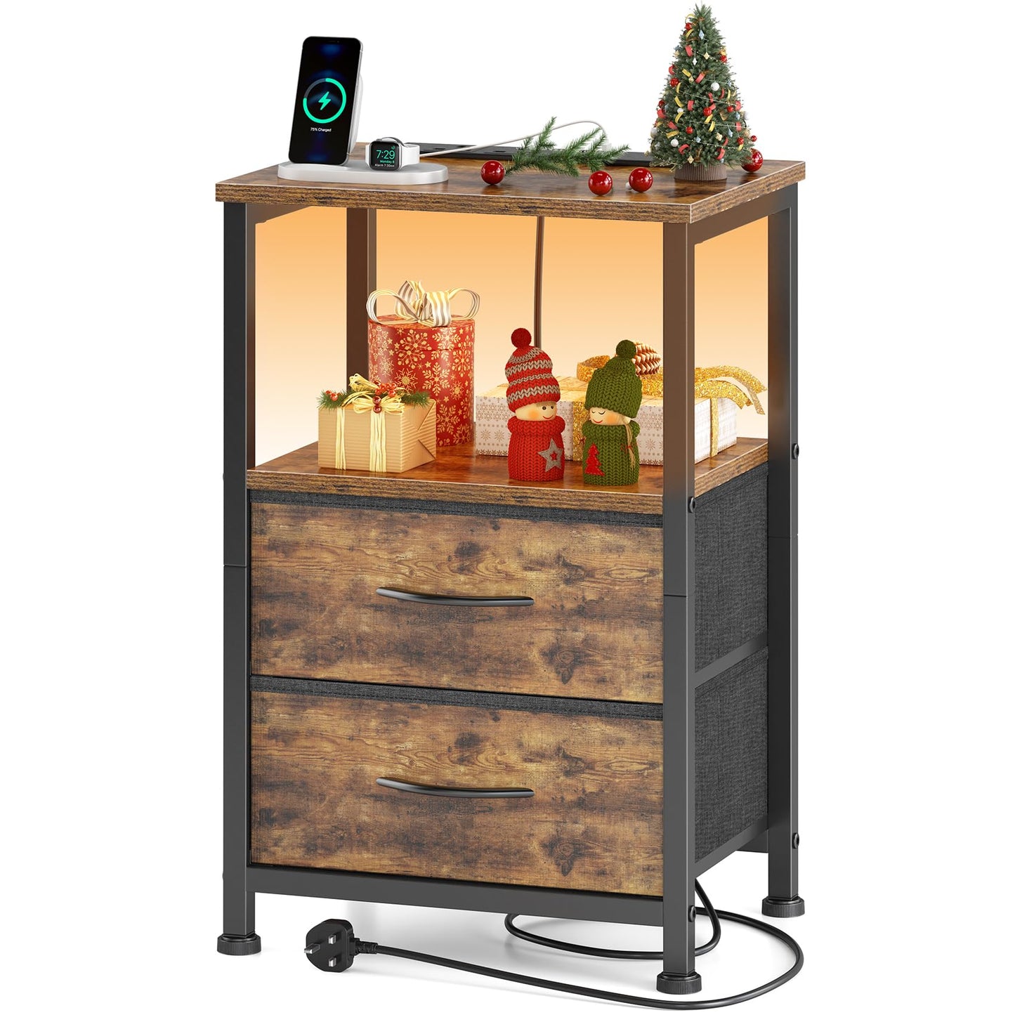 Yornoli Bedside Table with Charging Station 40cm Wide Bed Side Table for Bedroom with 2 Fabric Drawers Small End Tables with Led Lights for Living