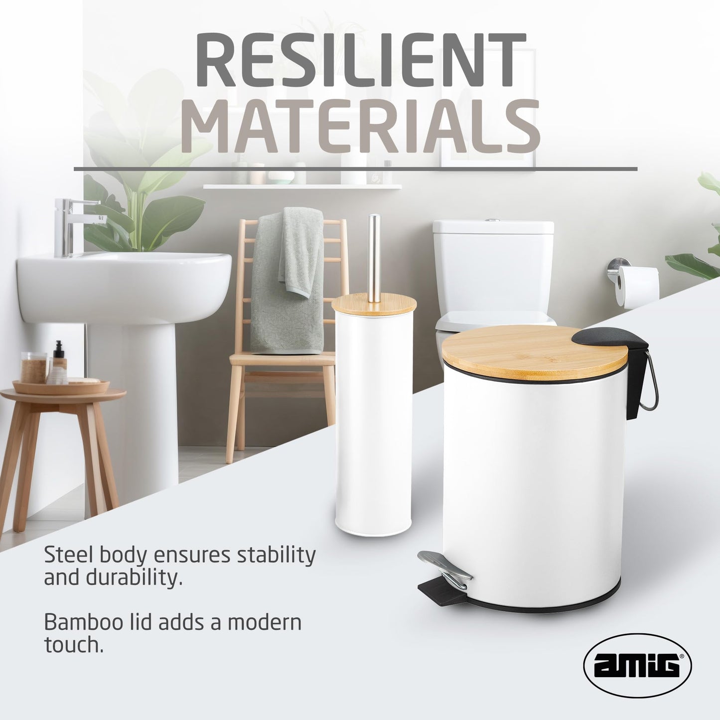Amig - Naturline Bin and Toilet Brush Set - Ø168 x 230 mm - Steel and Bamboo - White - Compact and Coordinated Bathroom Set