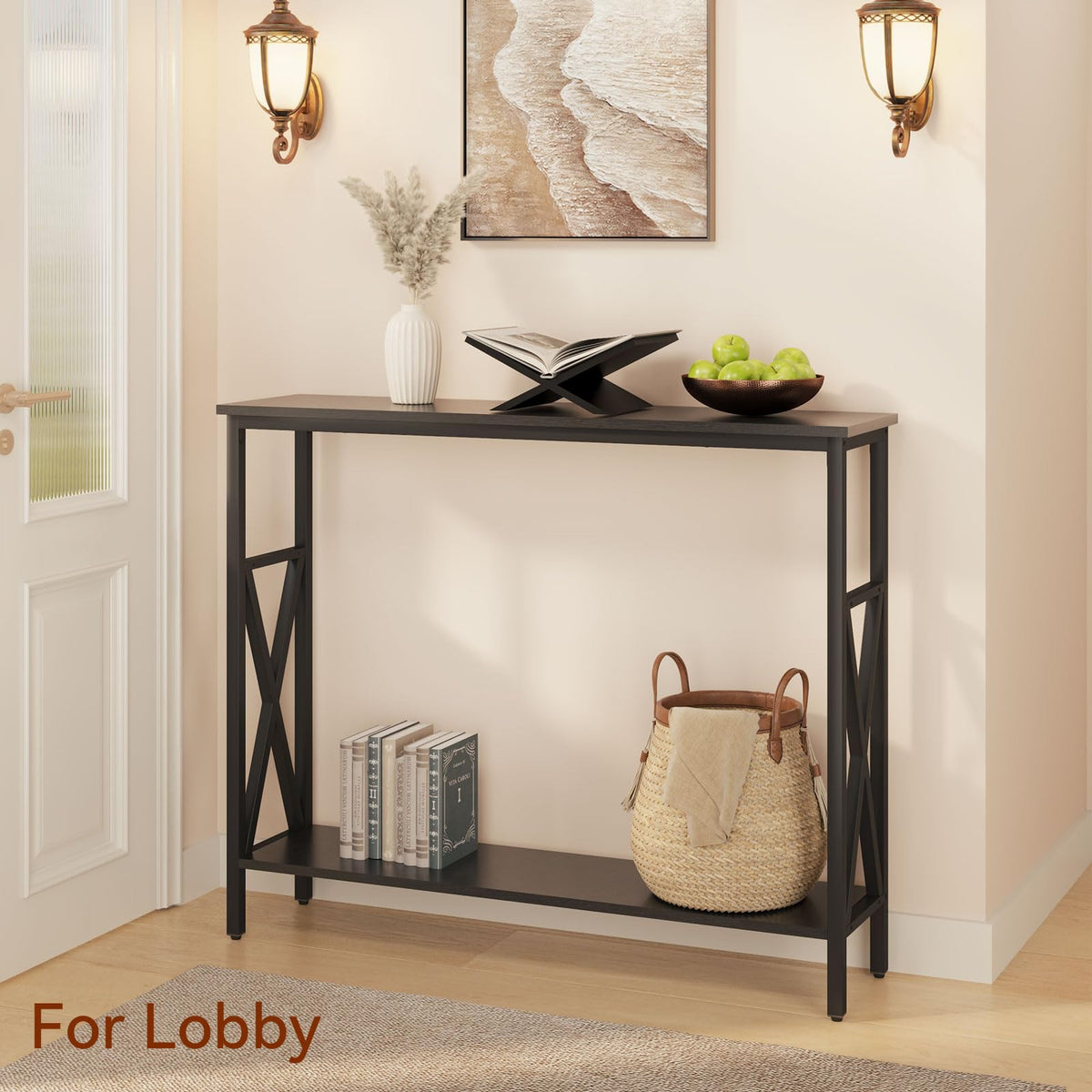 YMYNY Console Table Narrow Sofa Table with Shelves Black HST007B