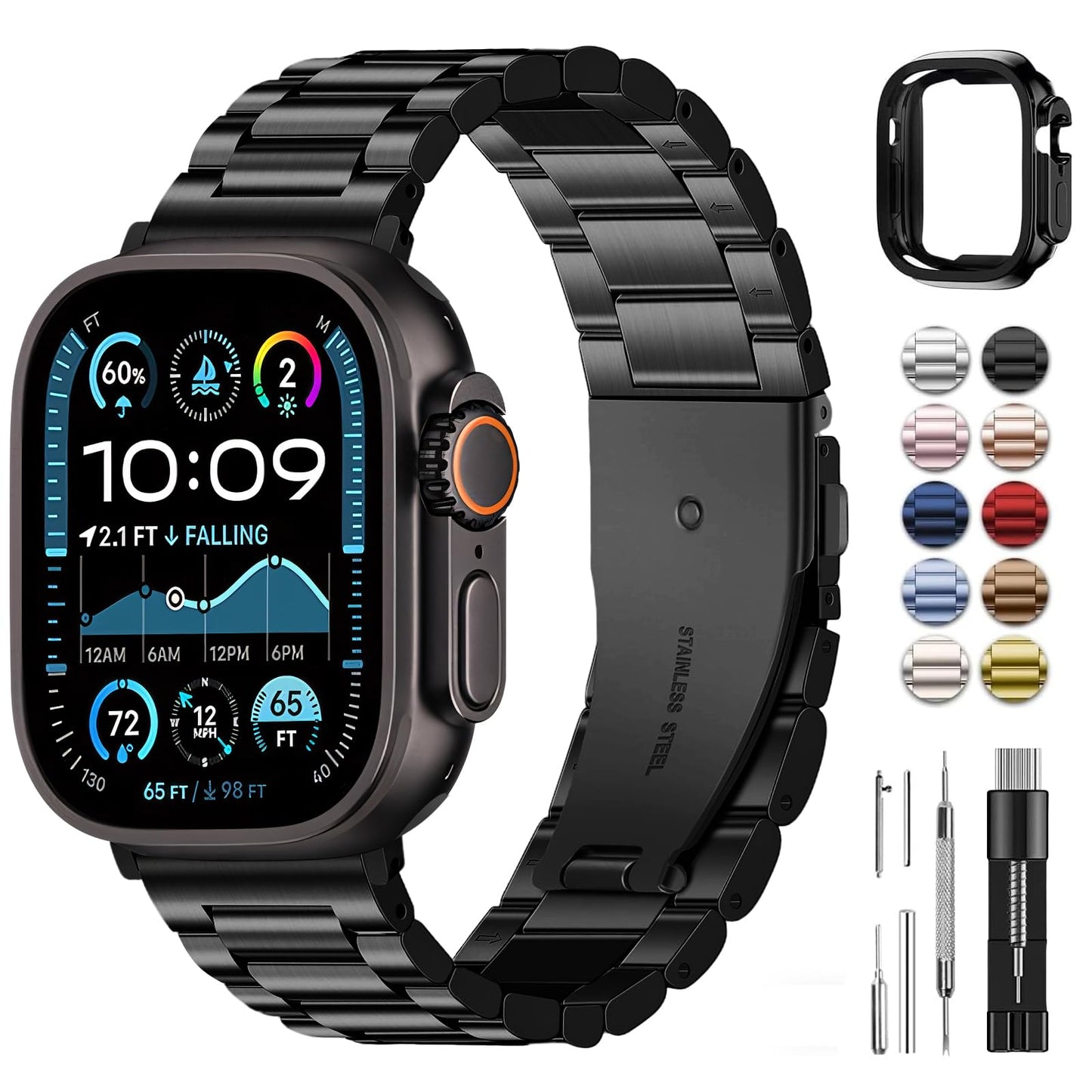 Fullmosa Metal Strap Compatible with Apple Watch Ultra 3/2/1 49mm Straps, Stainless Steel Replacement Band for Men Women, Black & Protective Case