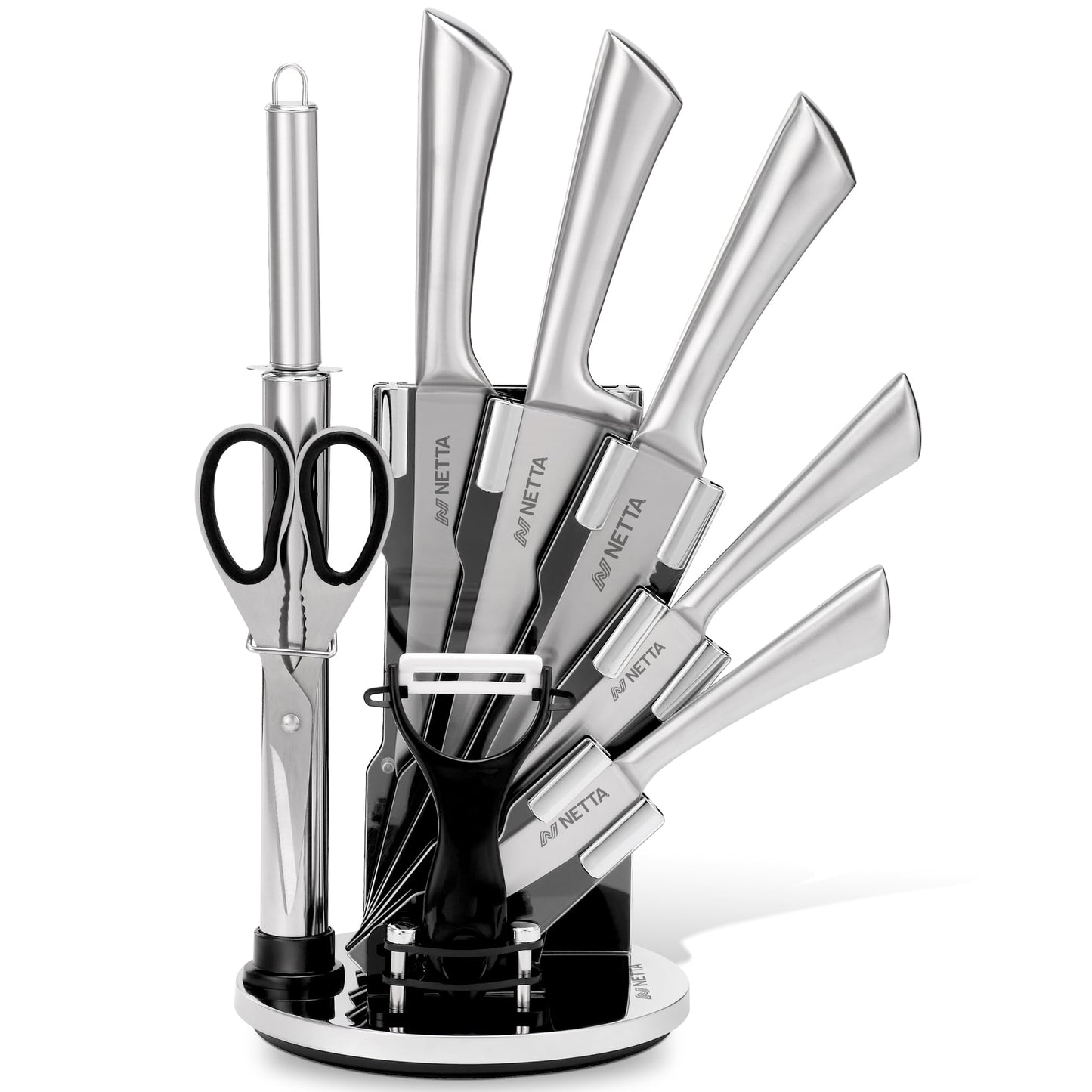 NETTA Kitchen Knife Set with Block - Professional 8-Piece Stainless Steel - Premium Kitchen Set with Clear Storage Block, 5 Knives, Scissors, Knife