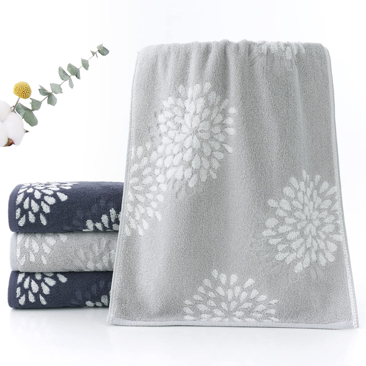 Pidada Hand Towels Set of 2 Hydrangea Floral Pattern 100% Cotton Absorbent Soft Decorative Towel for Bathroom (Denim Blue)