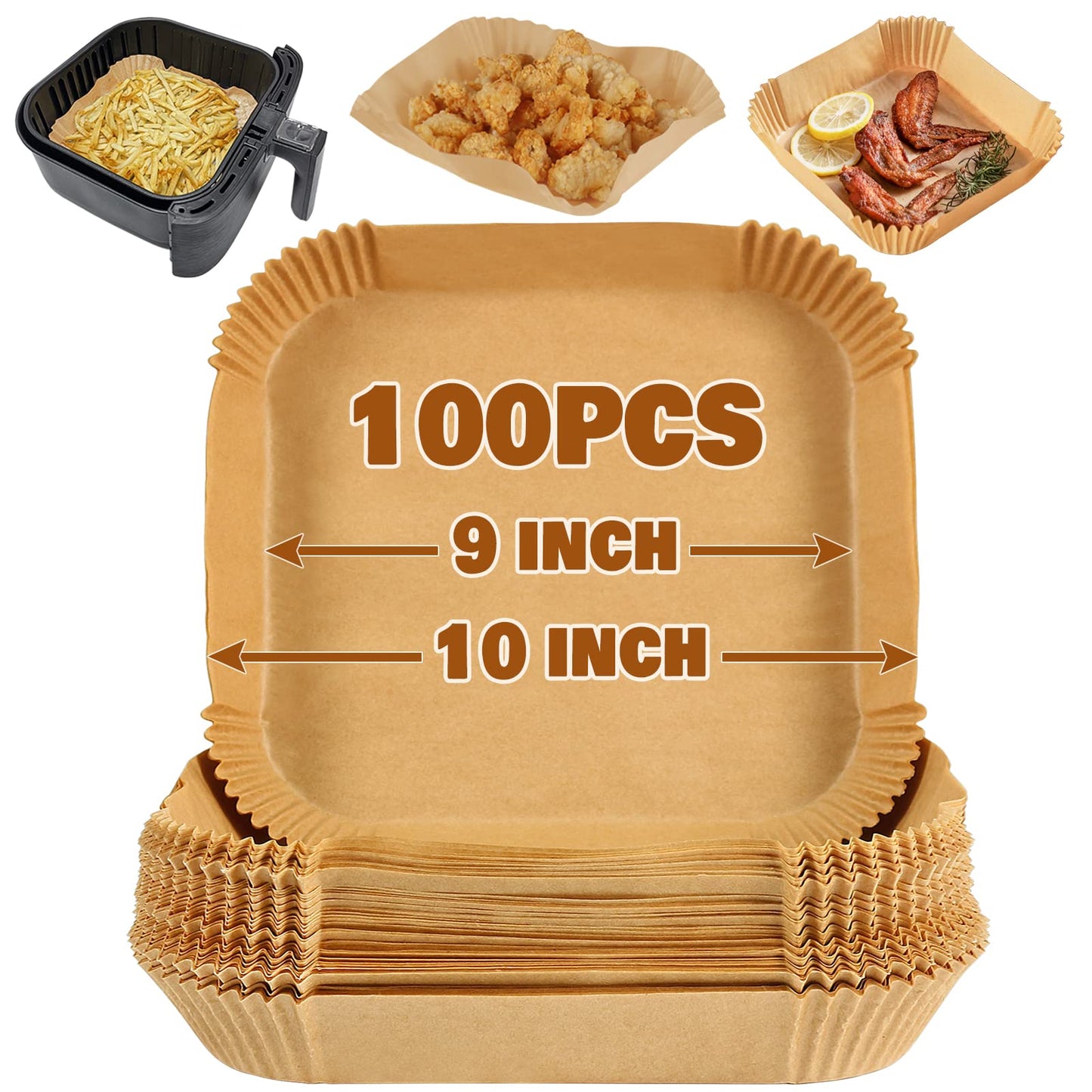 YQL 100pcs Large Air Fryer Liners Square, 9Inch Non Stick Disposable Parchment Paper for Airfryer 7L-10L, Air Fryer Accessories for Tefal Easy Fry