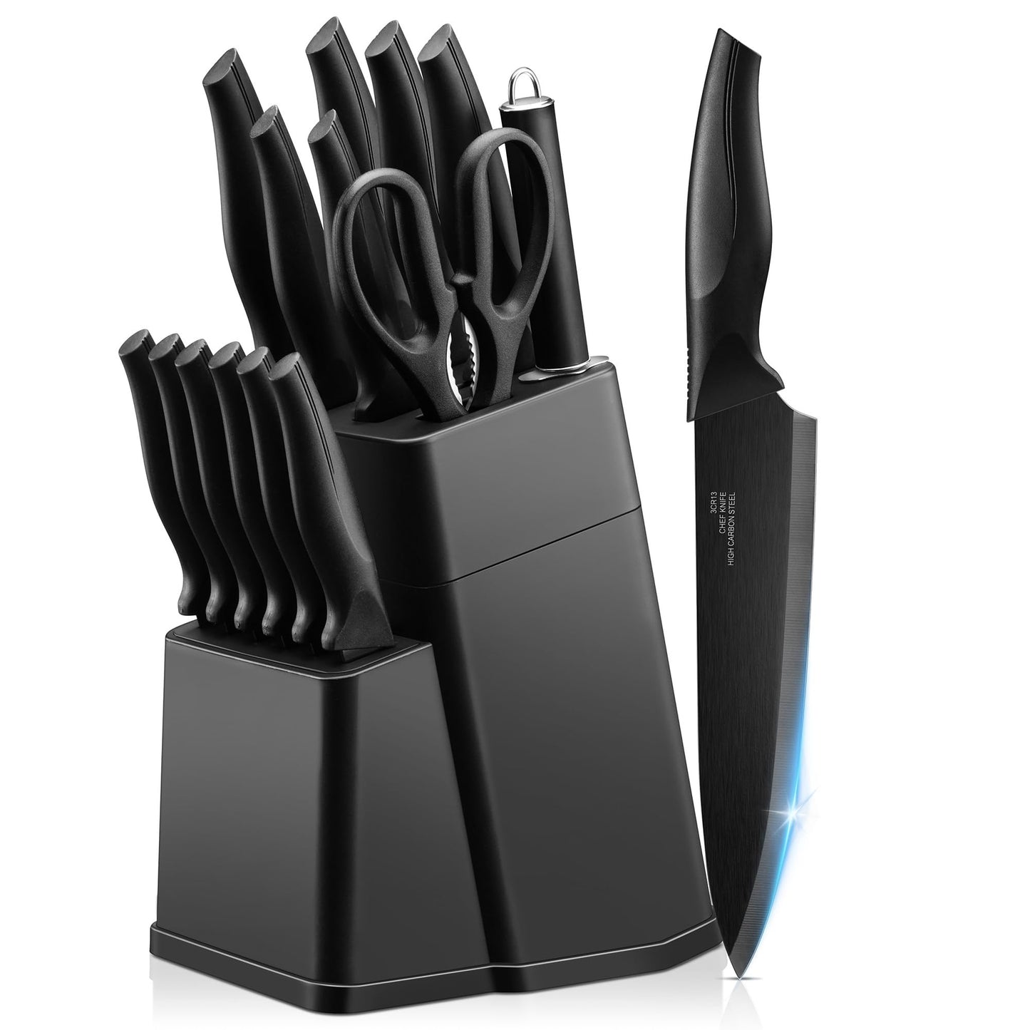 Joyfair Kitchen Knife Set, 15 Pieces Carbon Stainless Steel Kitchen Knife Block Set, Professional Sharp Cutting Tool Set for Chopping/Dicing/Slicing