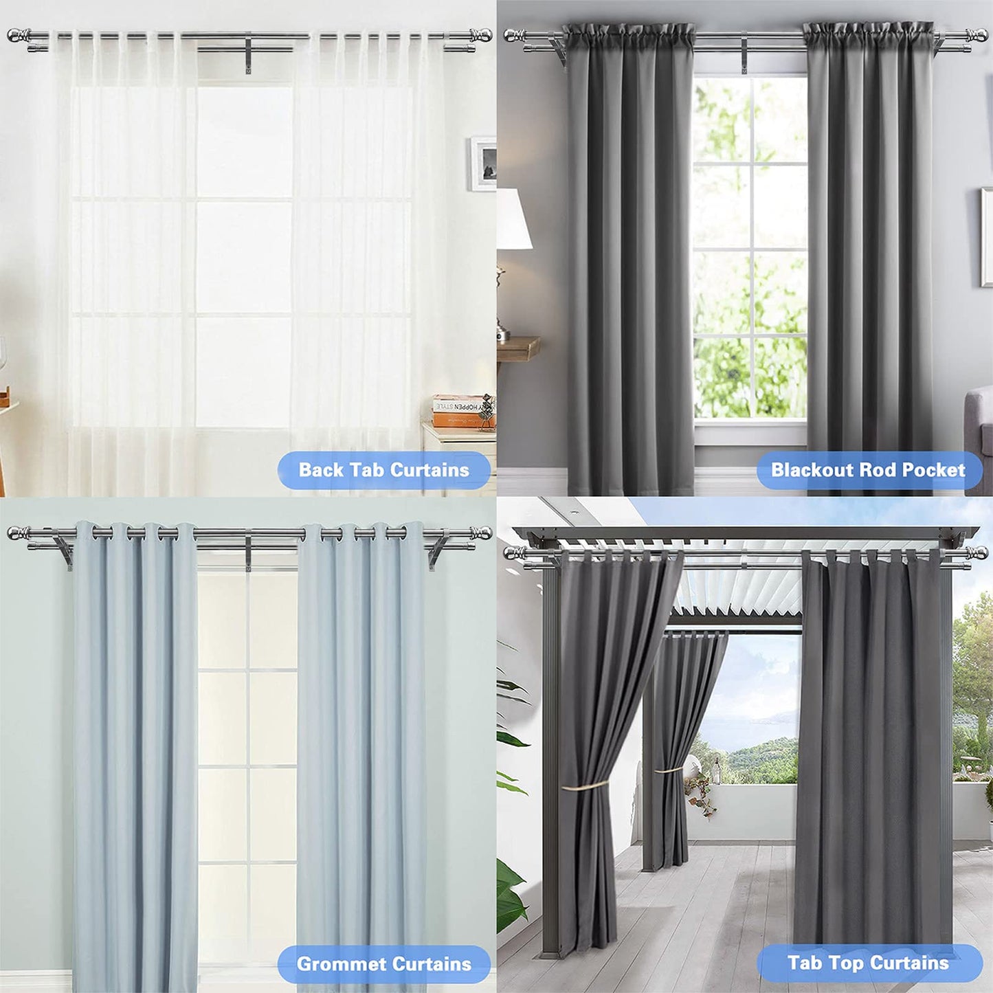 Harrms Double Curtain Pole, Curtain Poles for Eyelet Curtains, Silver Curtain Pole 76-368cm, Extendable Metal Curtain Rod Stainless Steel Room