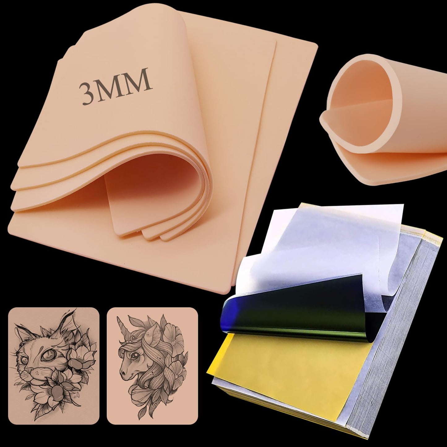 Tattoo Fake Skin 3mm with Transfer Paper - Rayyl 23Pcs Tattoo Practice Skin and Stencil Paper Including 3Pcs Double Sided Blank Tattoo Fake Skin and