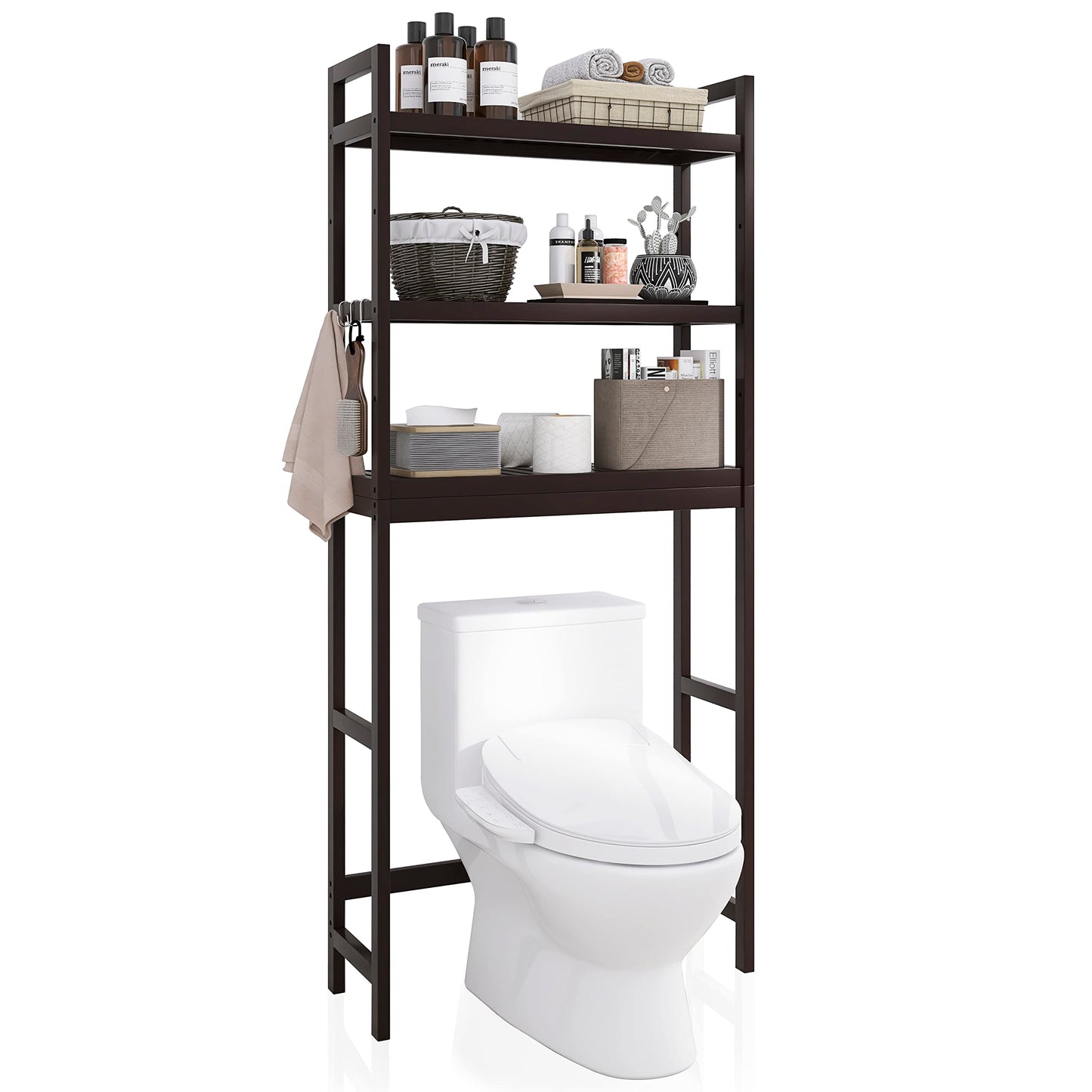 SMIBUY Bathroom Storage Shelf, Bamboo Over-The-Toilet Organizer Rack, Freestanding Toilet Space Saver with 3-Tier Adjustable Shelves (Dark Brown)