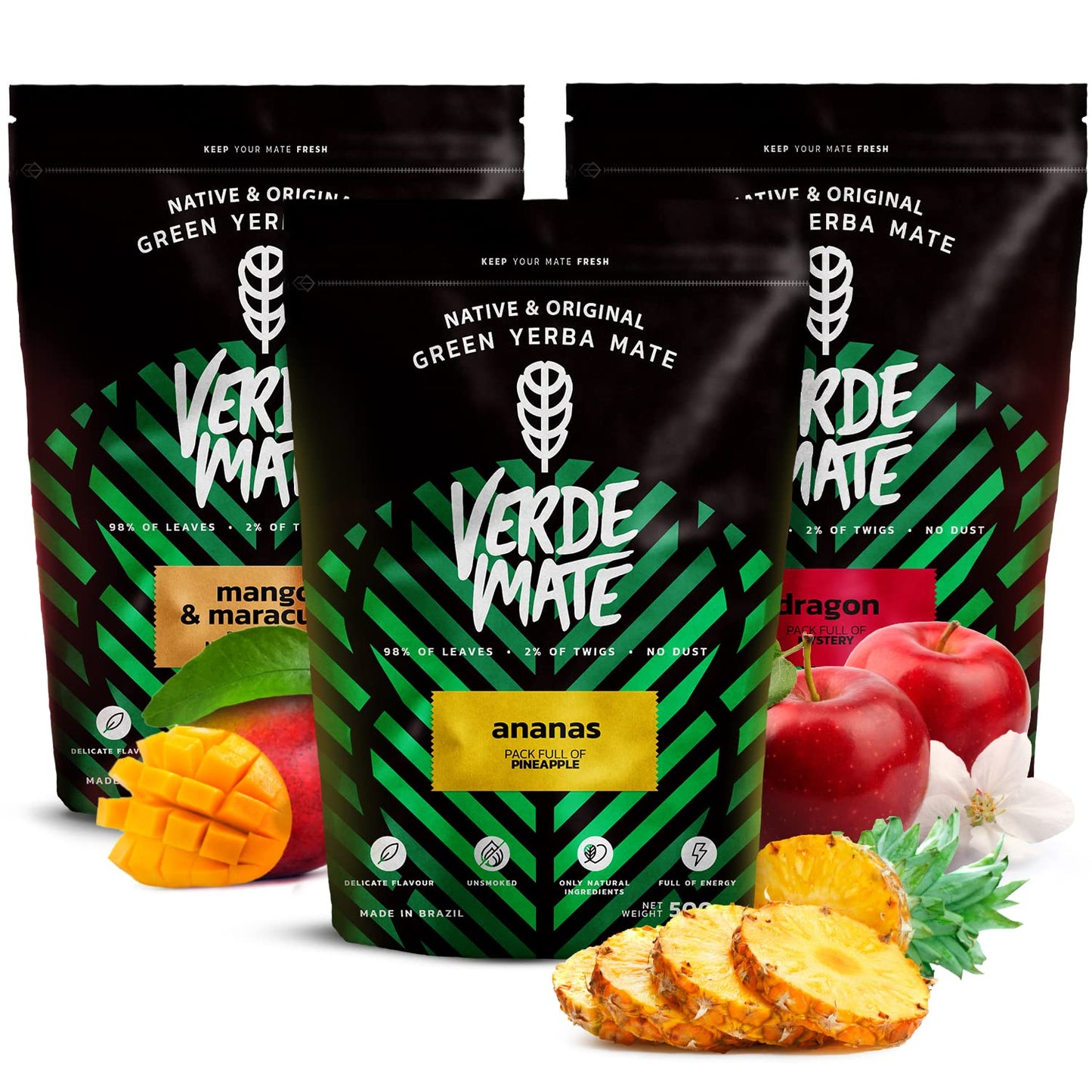 Verde Mate Green Fruity Yerba Mate Tea Set 3x500g - Mango & Maracuya, Ananas, Dragon, Brazilian