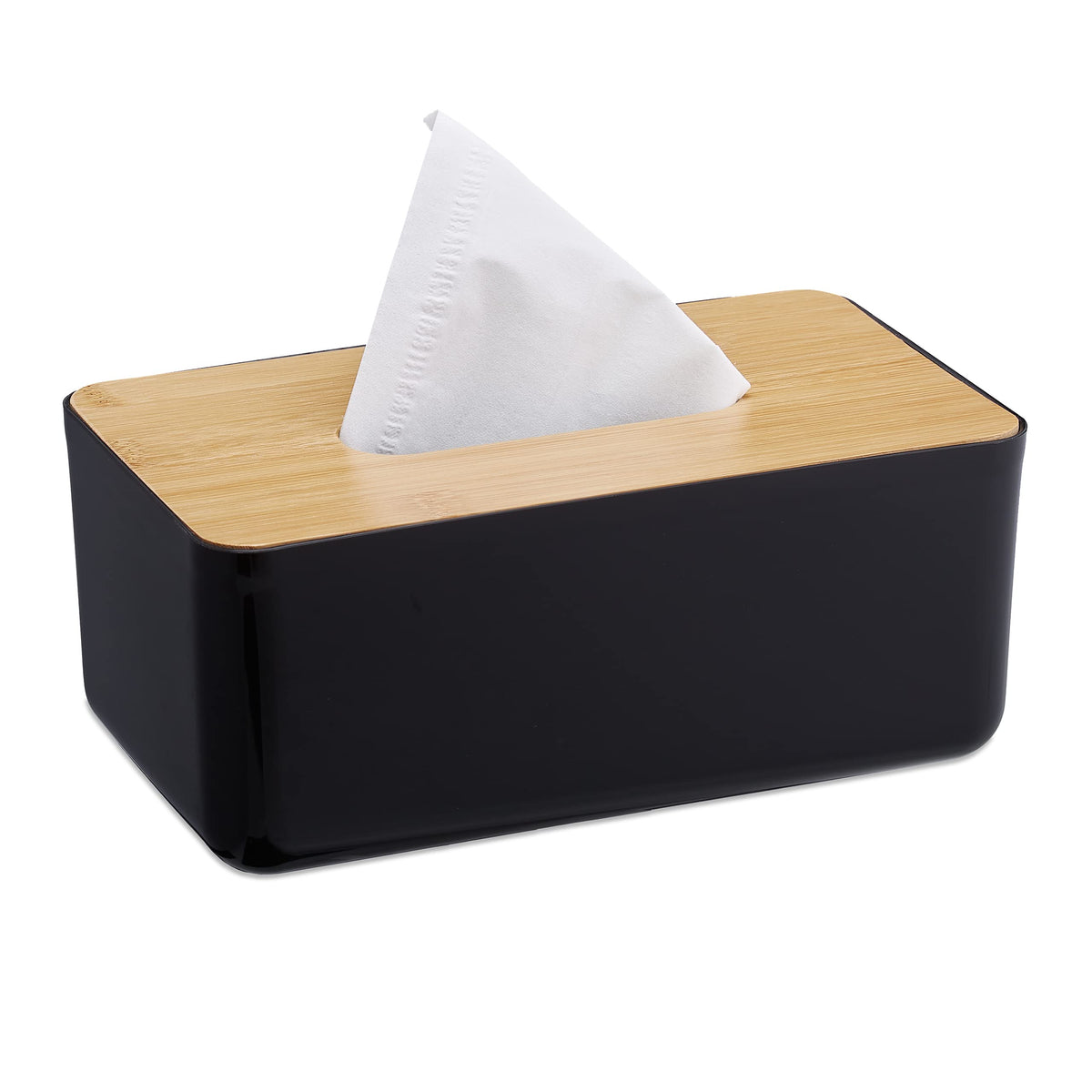 Relaxdays Tissue Box, Refillable, Bathroom, Napkin Dispenser, Bamboo Lid, Plastic, 10 x 23 x 13 cm, Black/Natural