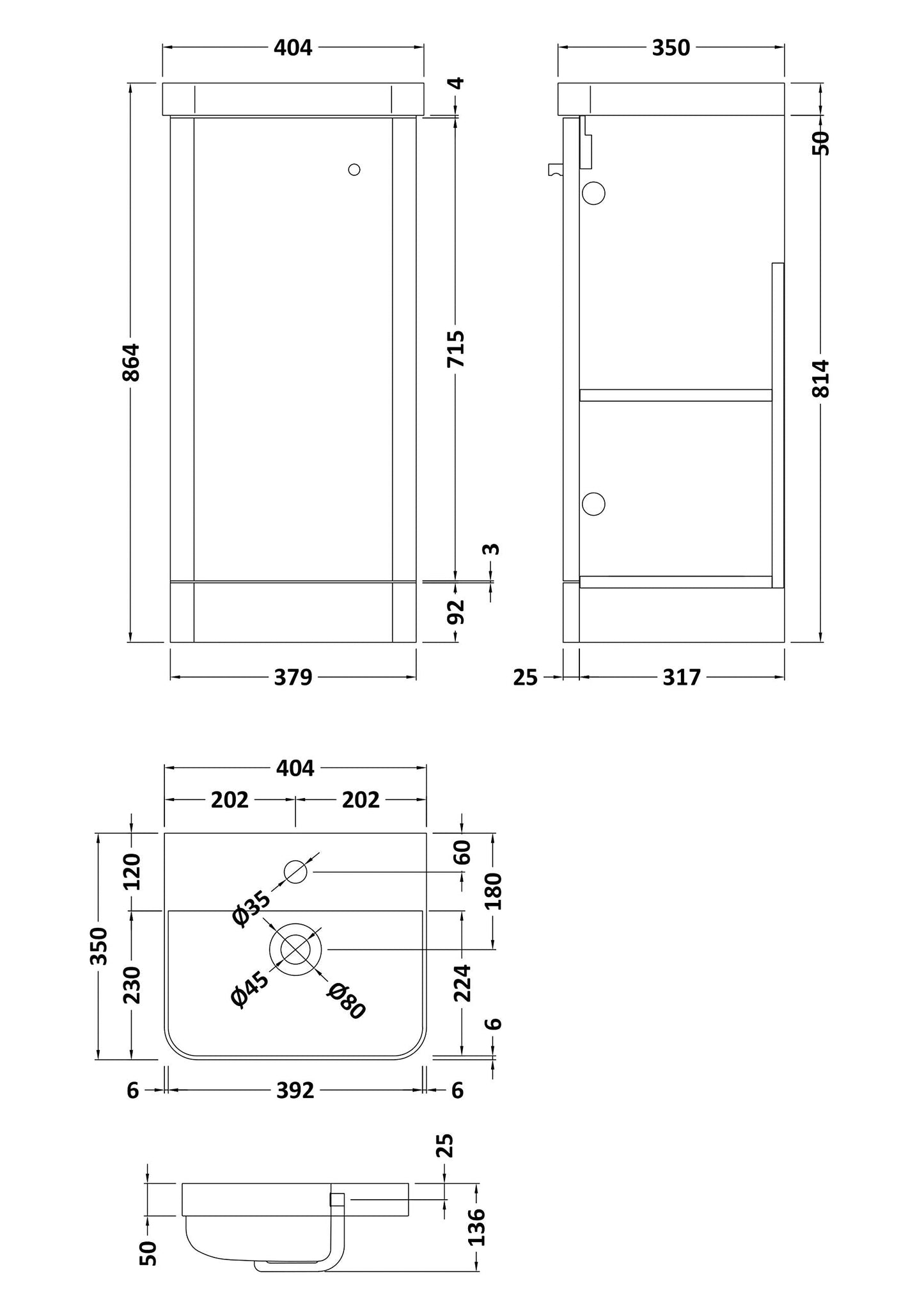 nuie COR102 Core Modern Bathroom Floor Standing 1 Door Vanity Unit and 1 Tap Hole Ceramic Basin, 864 x 405 x 355mm, Gloss White