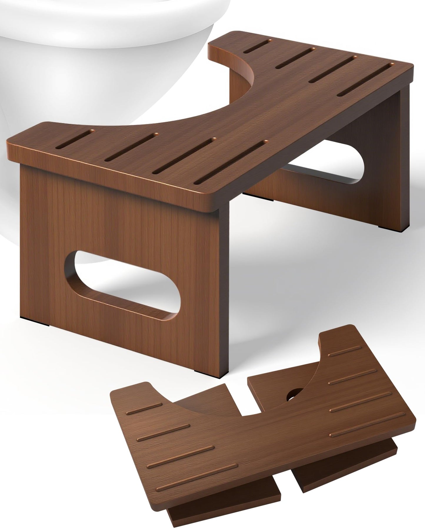 AkoaDa Wooden Toilet Stool, Footstool with Anti-slip Pads, Space Saving Folding, 35? Durable C Shaped Stool (Brown)