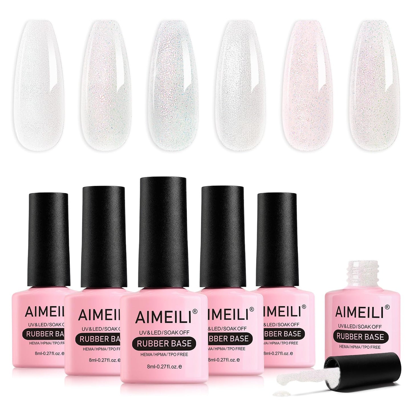 AIMEILI 5 in 1 Rubber Base Gel Set For Nails, 6pcs Sheer Pink Nude Color Gel Nail Polish UV LED Soak Off, Elastic Nail Strengthener Long Lasting 8ml -