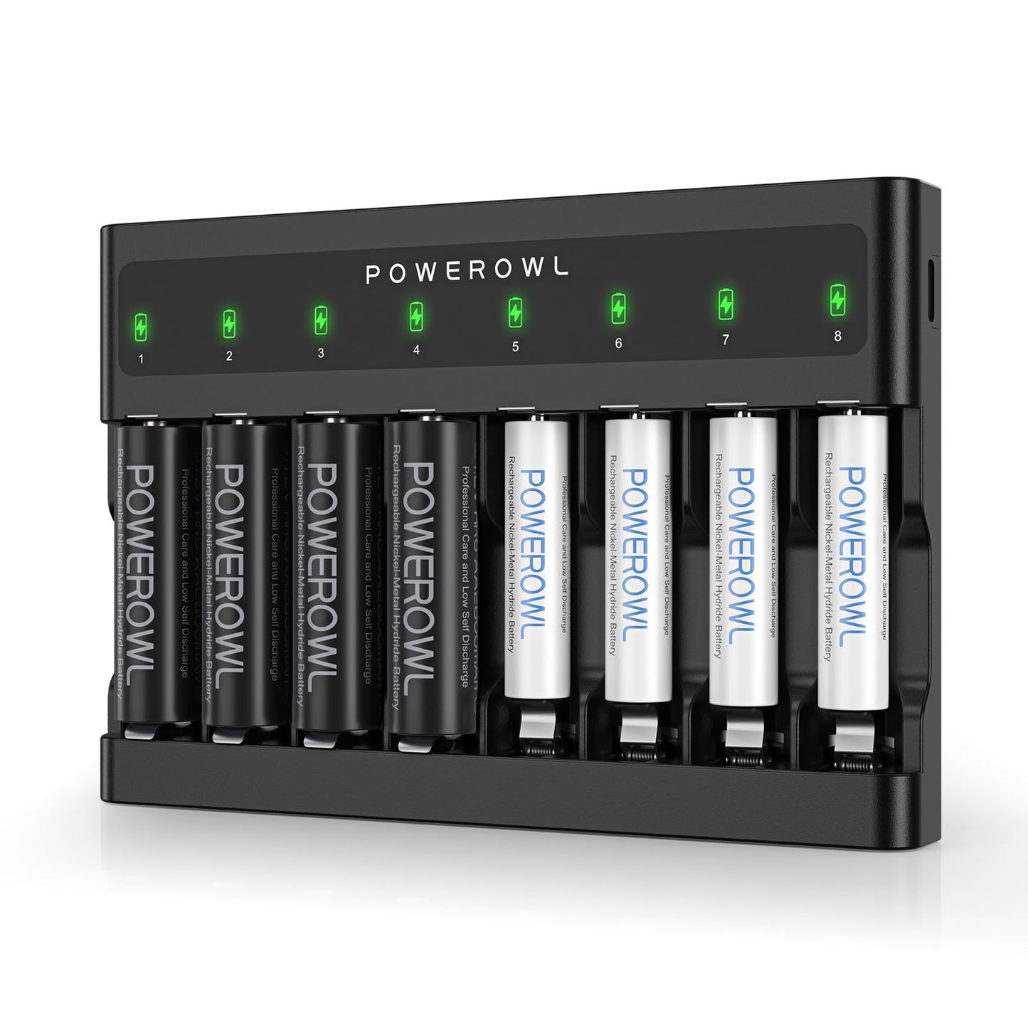 POWEROWL AA AAA Rechargeable Batteries with Charger, 8 Slots Battery Charger (FY-828), Independent Slot, USB Fast Charging for Ni-MH Rechargeable