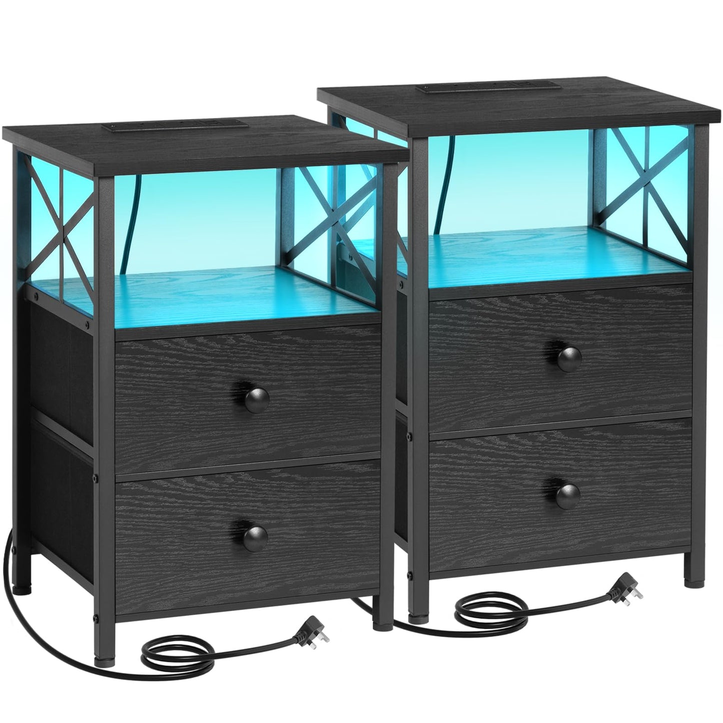AMHANCIBLE Bedside Table Set of 2, Side Table with Charging Station and Led Lights, Bedside Cabinet with 2 Fabric Storage Drawers, Sofa Side Table,
