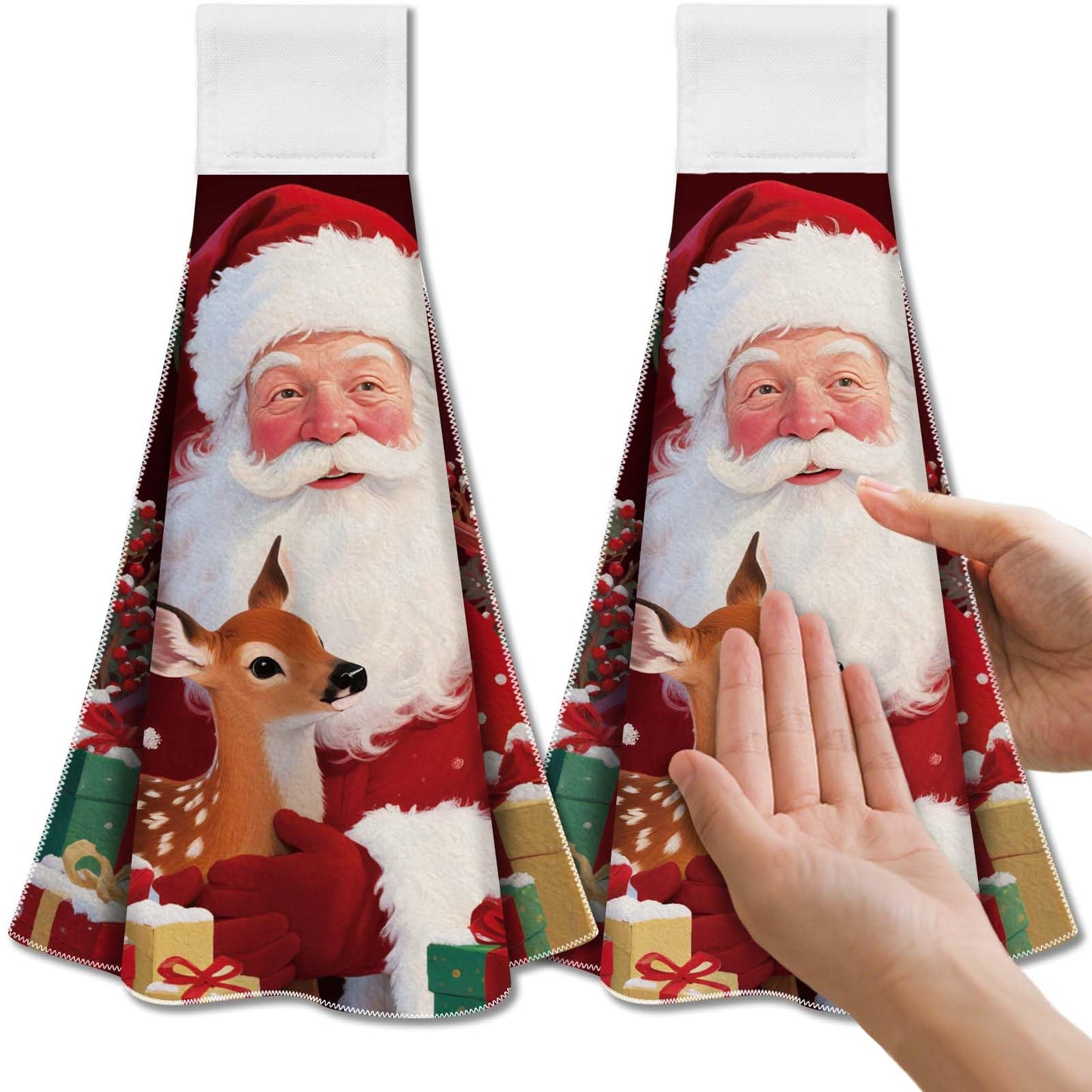 CUTHOLLOW Santa Claus Hanging Kitchen Towels with Loop, Set of 2 - Soft & Super Absorbent Microfiber Decorative Hanging Dish & Hand Towel, Tea, Coffee