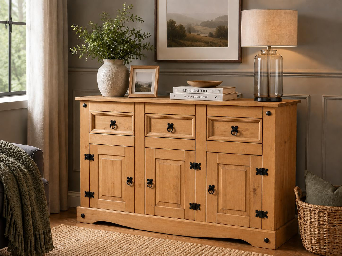 Corona Sideboard 3 Door 3 Drawer Mexican Style Solid Pine Wood Cupboard with Wax Finish Black Metal Hardware W 125 cm x D 40 cm x H 76 cm