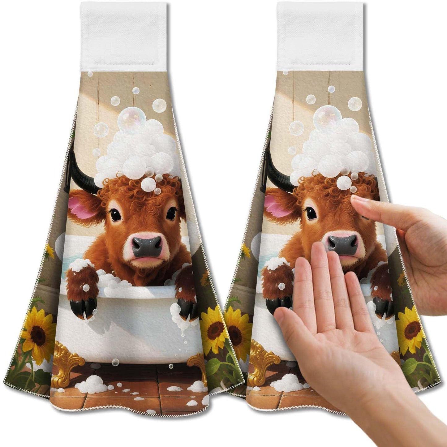 CUTHOLLOW Highland Cow Tea Towels for Kitchen with Loop, Set of 2 - Soft & Super Absorbent Microfiber Decorative Hanging Dish & Hand Towel, Tea,