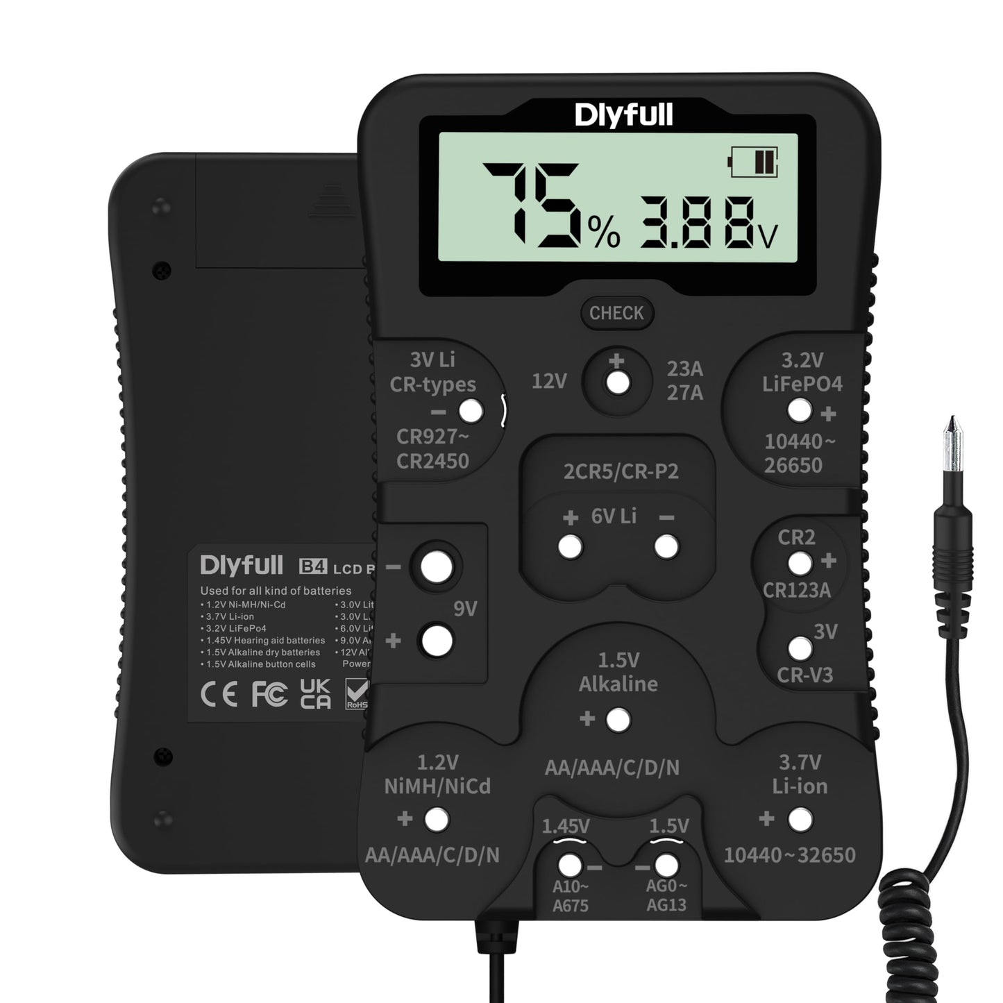 Dlyfull Universal Battery Tester with LCD Display Battery Checker Voltage/Power for AA AAA C D 9V 1.2V Alk & Rechargeable CR2032 CR123A CR2 CRV3 6V