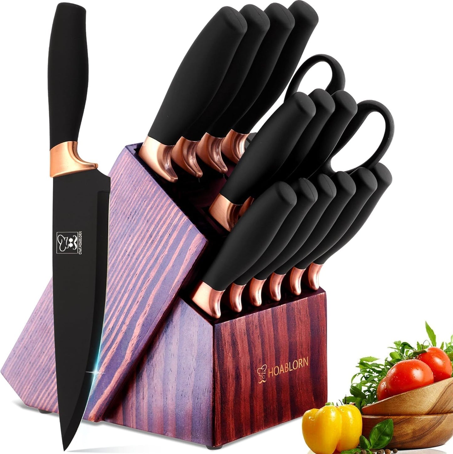 Kitchen Knife Set with Block, Professional Stainless Knife Sets with Built-in Sharpener,Knives Set with Wooden Block for Chefs Family