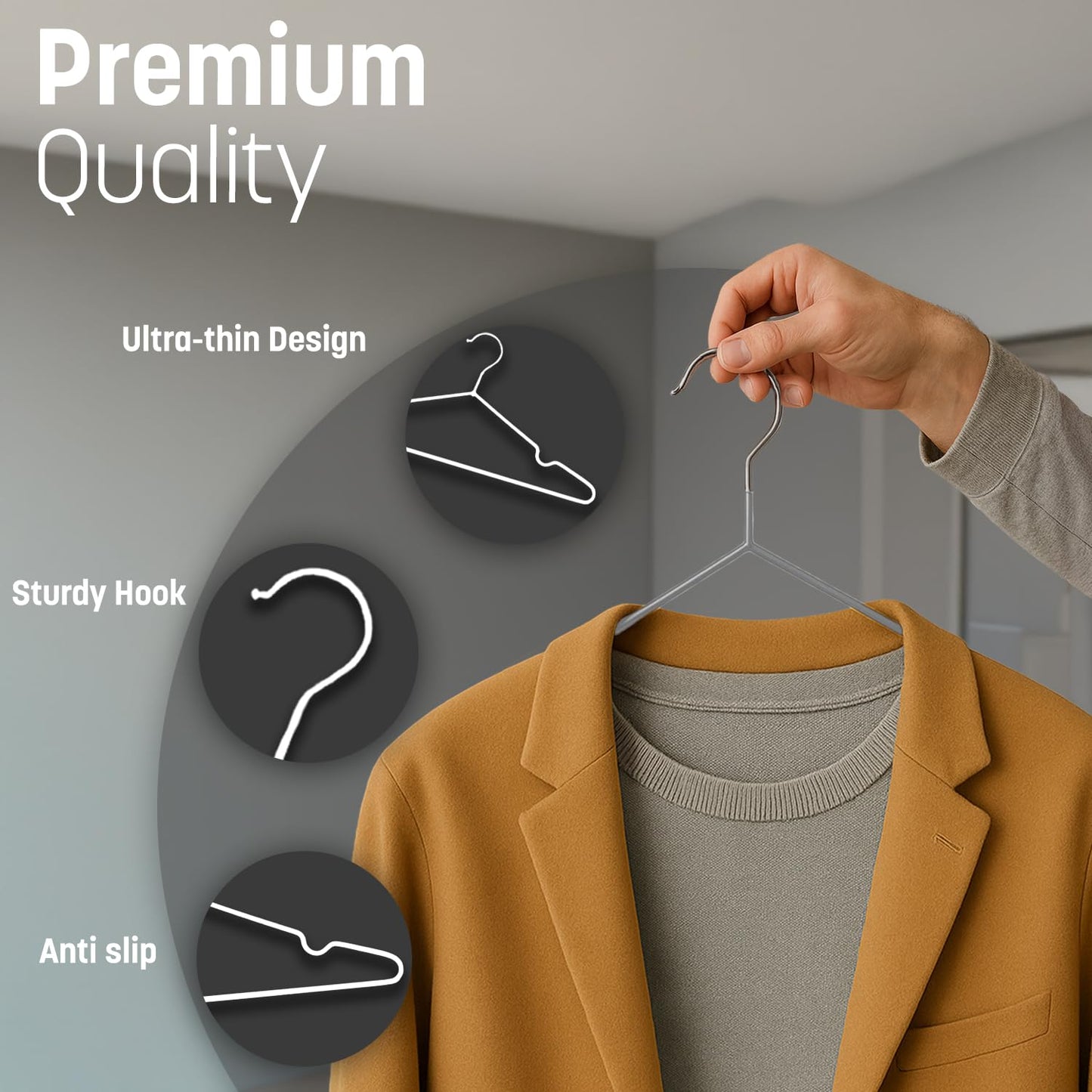 KEPLIN 20x Premium Rubber Coated Metal Hangers - Heavy Duty - Space Saving Organiser Clothes Hangers For Wardrobes Coat Rack Rails (Grey)