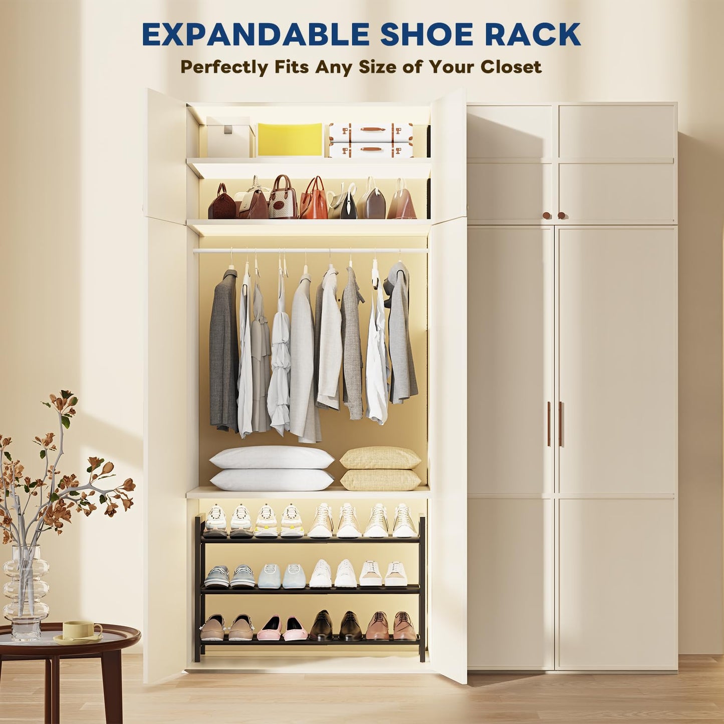 3 Tier Expandable Shoe Rack, Adjustable Metal Shoe Storage Organizer