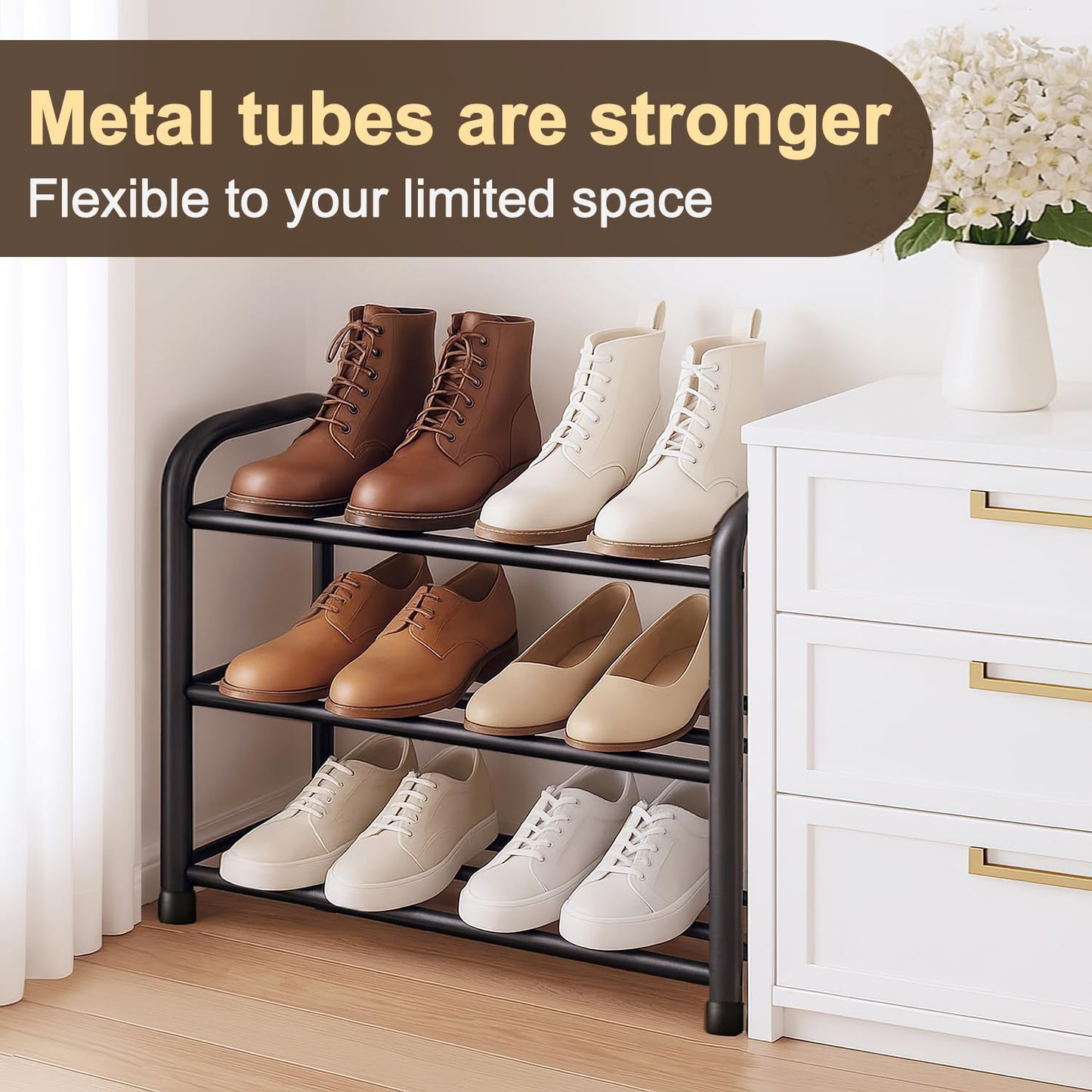MIKVOYO 3 Tier Extendable Shoe Rack, Black Metal Narrow Adjustable Shoe Storage Stand Racks for Inside Wardrobe Closet, Small Spaces, Hallway