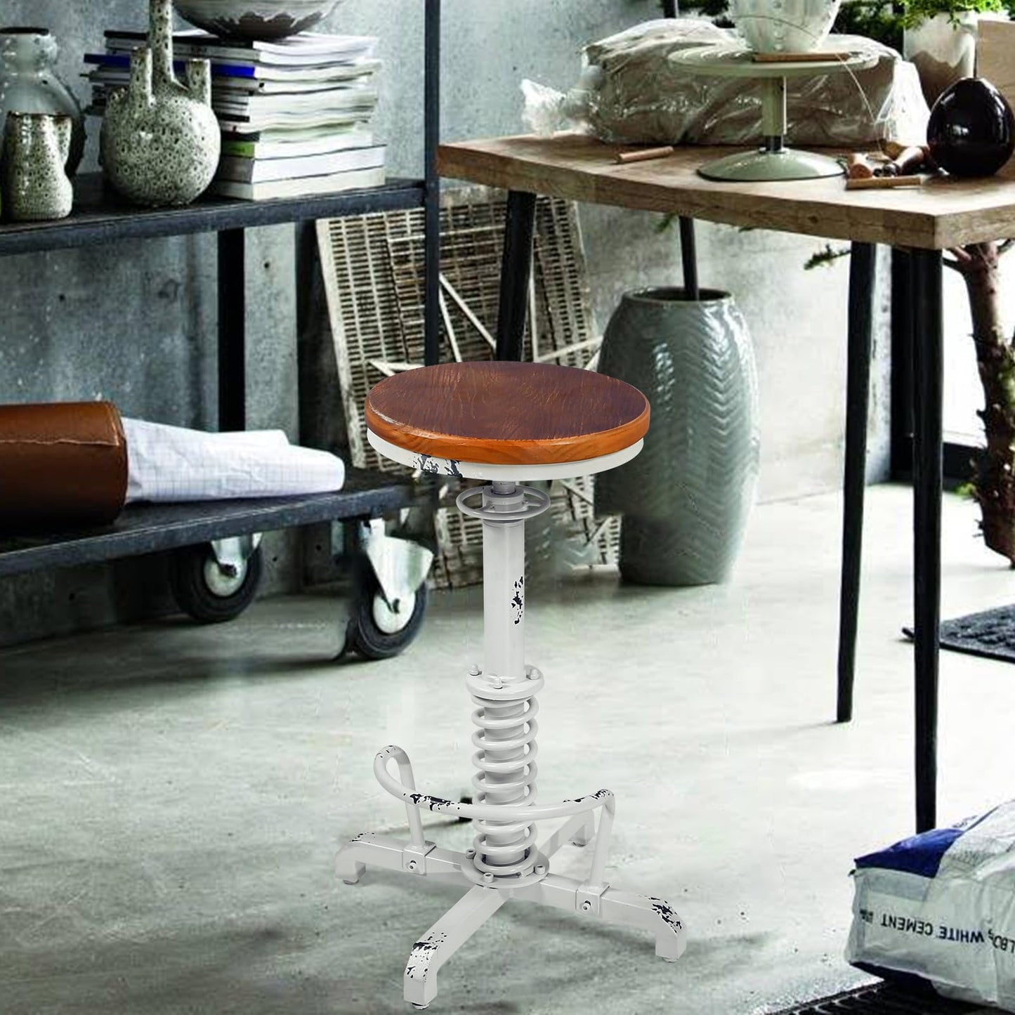BOKKOLIK Vintage Industrial Bar Stool 24-28 Inch Height Adjustable Home Kitchen Gaming Chair Guitar Stool with Wooden Swivel Seat