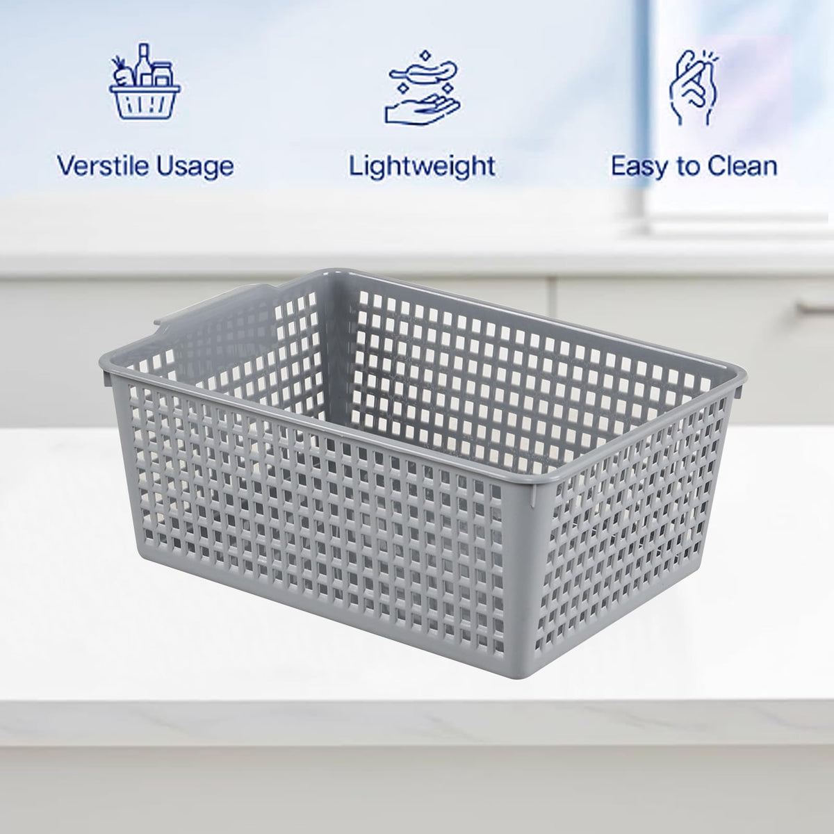 Minekkyes Set of 6 Plastic Cupboard Basket, Large Rectangle Storage Baskets for Home Office Bathroom Shelves(Gray)