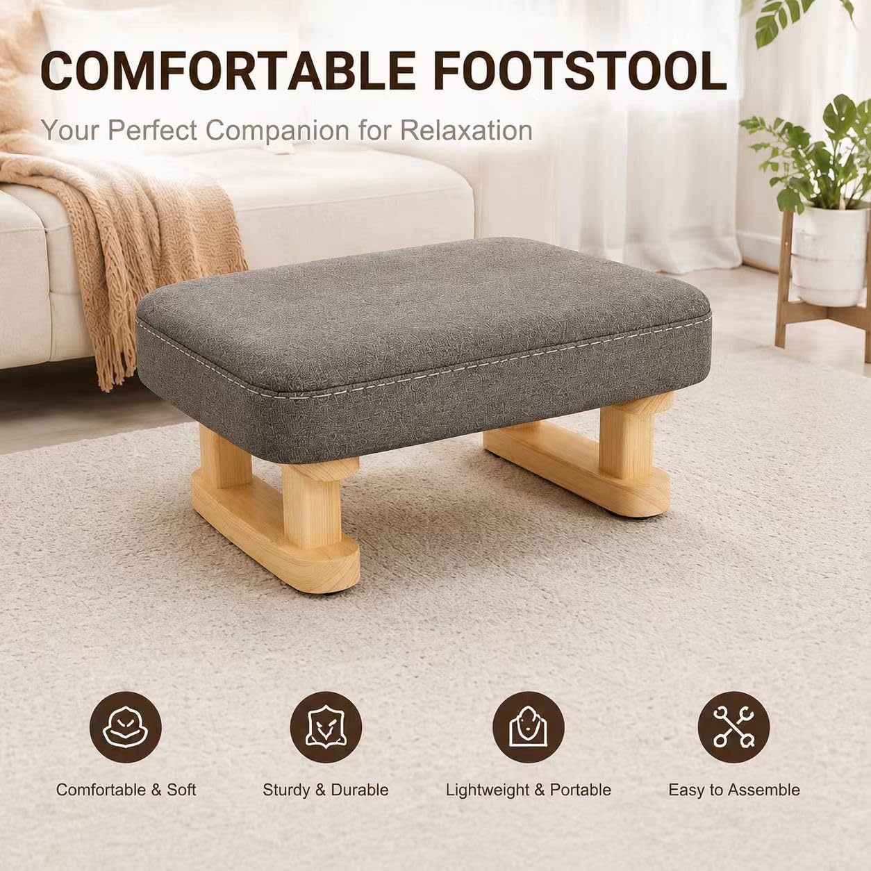 Small Footstool Ottoman, Removable Cover Fabric Foot Stool Rest with Wooden Legs and Non-Slip Soft Padding, Modern Footstools Step for Couch, Desk