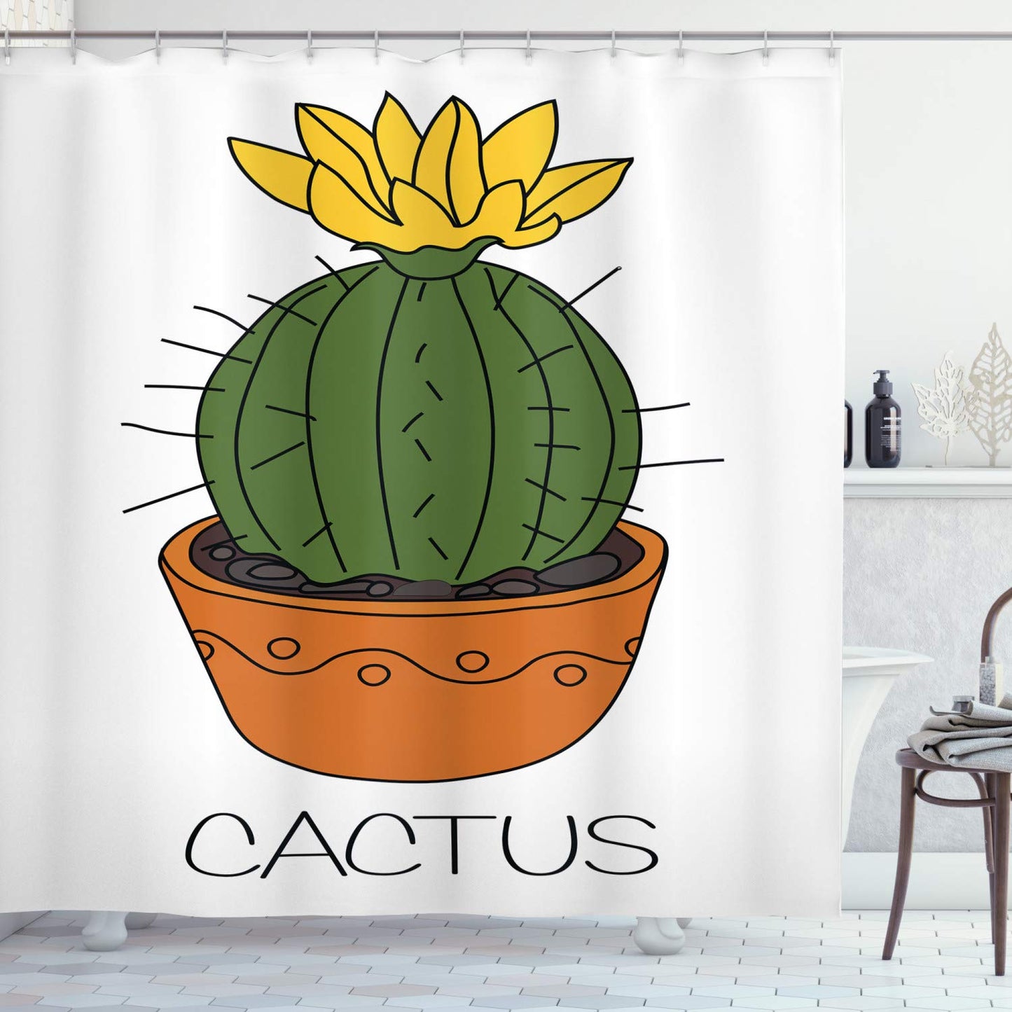 ABAKUHAUS Cactus Shower Curtain, Plant with Yellow Flower in a Pot Blooming Tropical Foliage Cartoon, Cloth Fabric Bathroom Decor Set with Hooks, 78