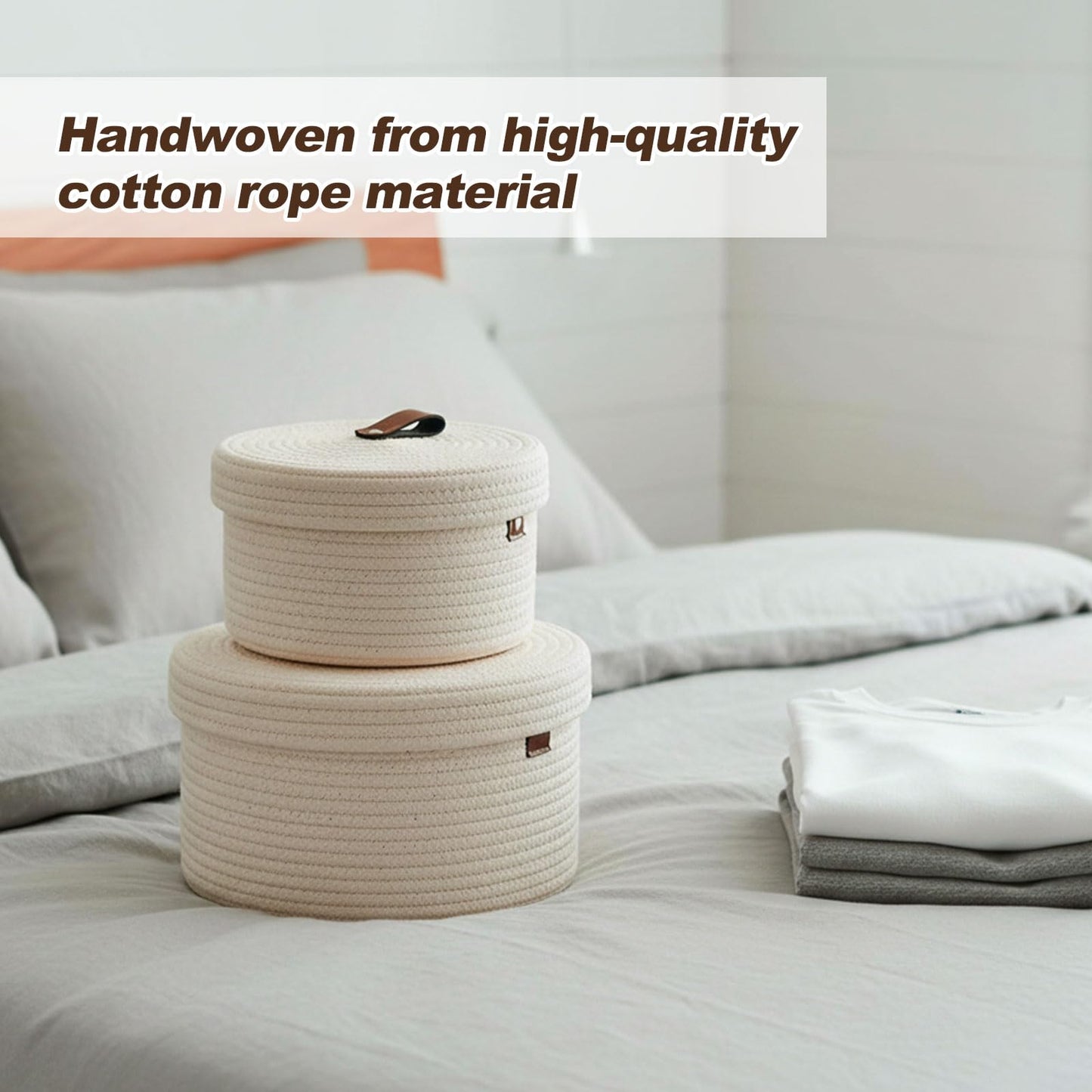 Set of 2 Storage Basket with Lid, Round Cotton Rope Decorative Basket with Leather Handles, Multifunctional Woven Baskets for Shelves, Bedroom