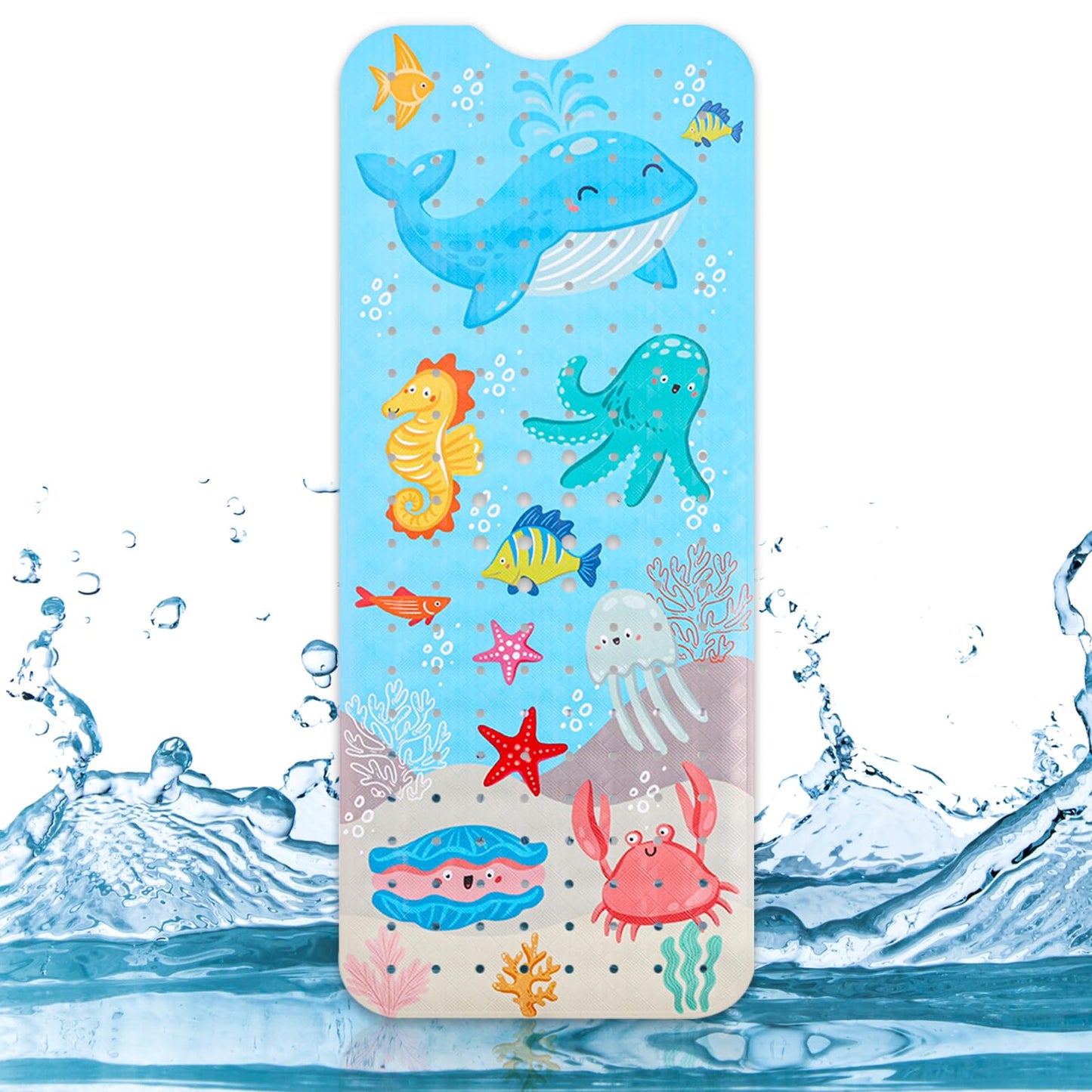 Capslpad Bathtub Mat Non Slip Anti Mould 40x100 cm Cartoon Whale Marine Animals Bath Mats Extra Large Soft Bath Seat Mat with Suction Cups & Drain