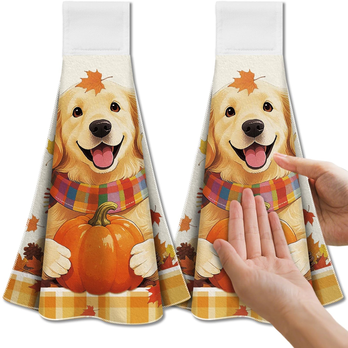 CUTHOLLOW Dog and Autumn Pumpkin Hanging Kitchen Towels with Loop, Set of 2 - Soft & Super Absorbent Microfiber Decorative Hanging Dish & Hand Towel,