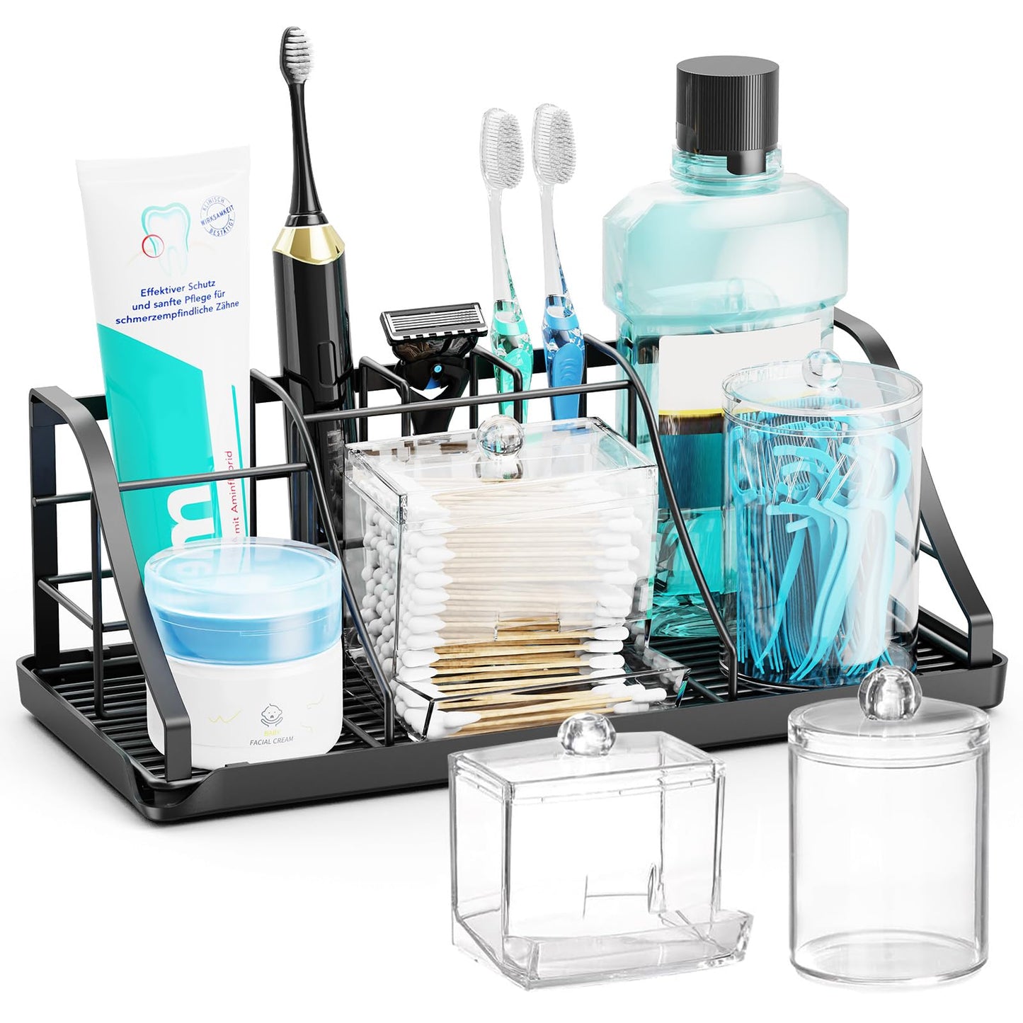 CHONLY 7 Slots Toothbrush Holder, Stainless Steel Electric Toothbrush Holder with 2 Q Tip Holder for Bathroom, Black Toothbrush and Toothpaste Holder,