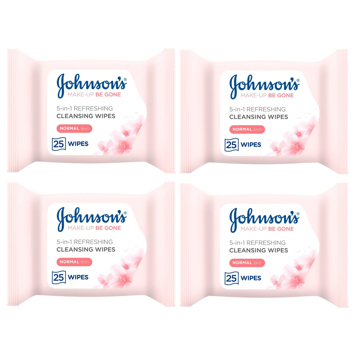 Makeup Remover Facial Wipes 4 PACK | 100 Wipes 25 x 4 Value MULTIPACK | For Waterproof Mascara | Johnsons Be Gone | Refreshing for Normal Skin