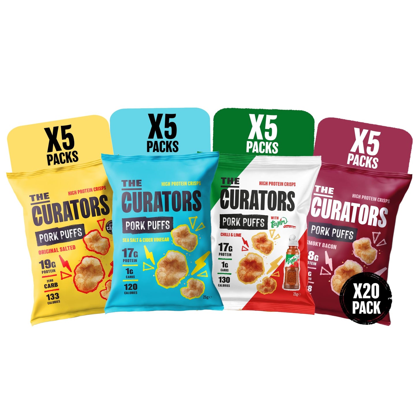 THE CURATORS High Protein Pork Puffs Variety Pack, 5 x Original Salted, 5 x Smoky Bacon, 5 x Tajin, 5 x Salt & Vinegar 25g (20 Packs) Crisp Low Carb