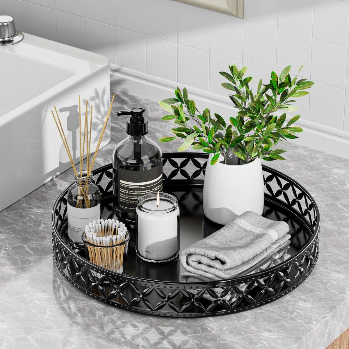 Vanity Tray for Bathroom Counter - 11 Inch Black Decorative Tray Bathroom Counter Tray Organizer for Perfume Cosmetics Jewelry Makeup