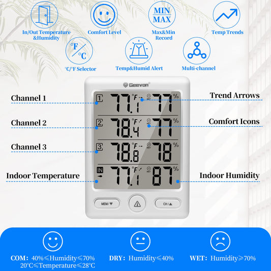 Geevon Indoor Outdoor Thermometer Wireless with 3 Remote Sensors, Digital Hygrometer Indoor Thermometer, Temperature Humidity Monitor Gauge with