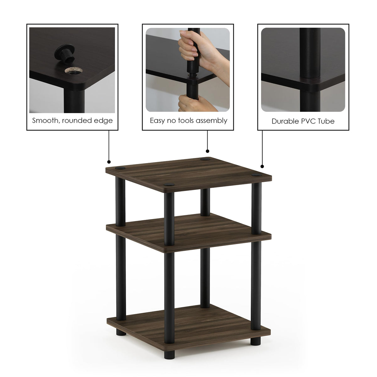 Furinno TURN-N-TUBE Side Table, 3-Tier End Table, Open Shelves Nightstand, Night Stand, Bedside Table, Easy Assembly, for Living Room, Bedroom