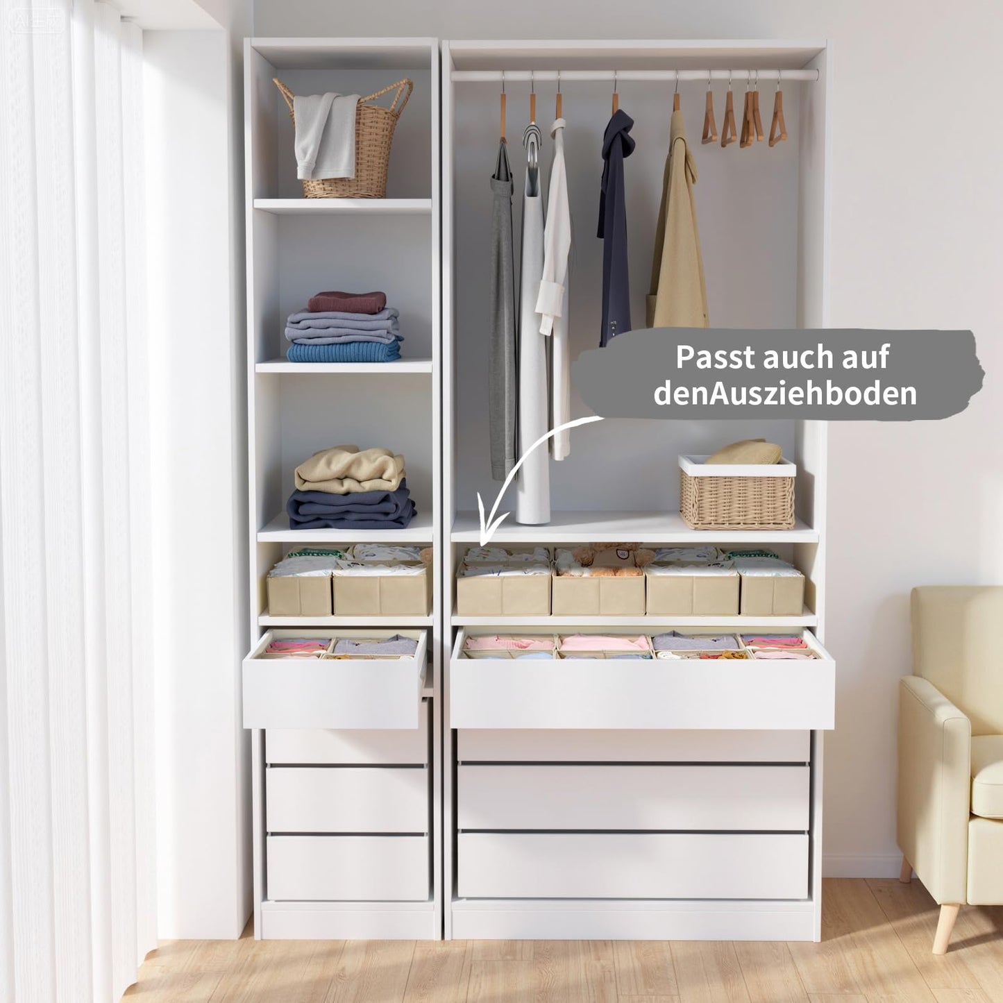 ORLISA Set of 16 Drawer Organisers, Compatible with PAX Wardrobe, 100 x 58 cm, Foldable Fabric Boxes with Sturdy Base for Clothes, Robust Beige