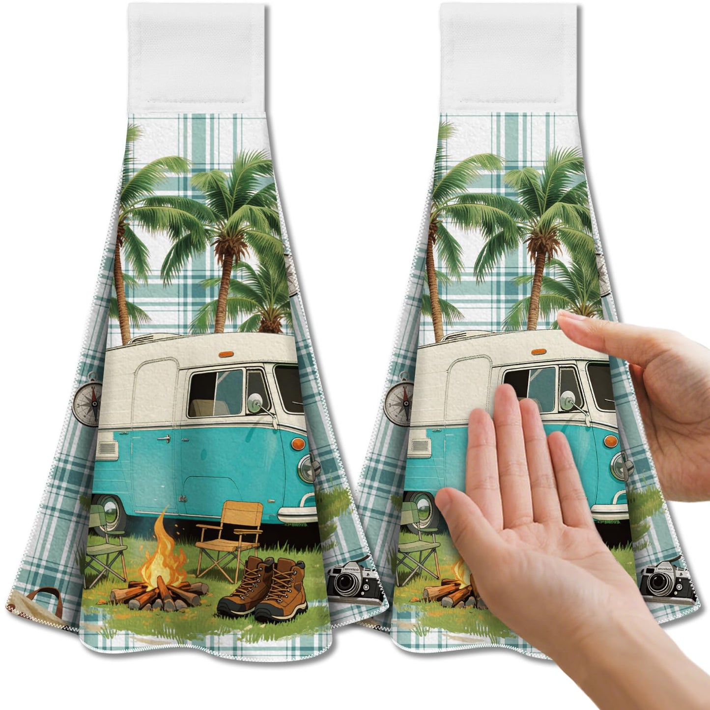 CUTHOLLOW 2Pcs Rving Adventure Camping Tea Towels for Kitchen with Loop, 31.5x43.5cm Soft Super Absorbent Microfiber Decorative Hanging Dish Towel,