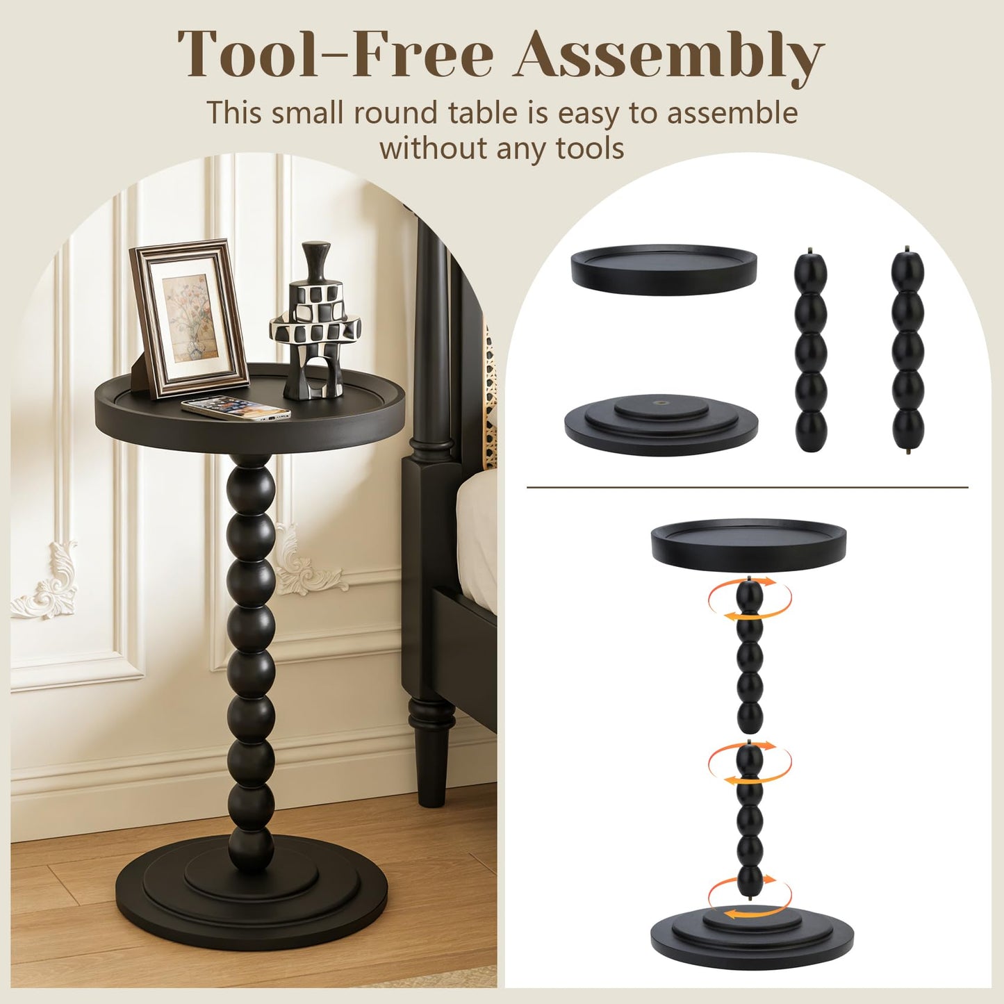 XUDREZ Modern Side Table with Vintage Spindle Design, Small Round Coffee End Table for Living Room Bedroom/Sofa/Bathtub (Black)