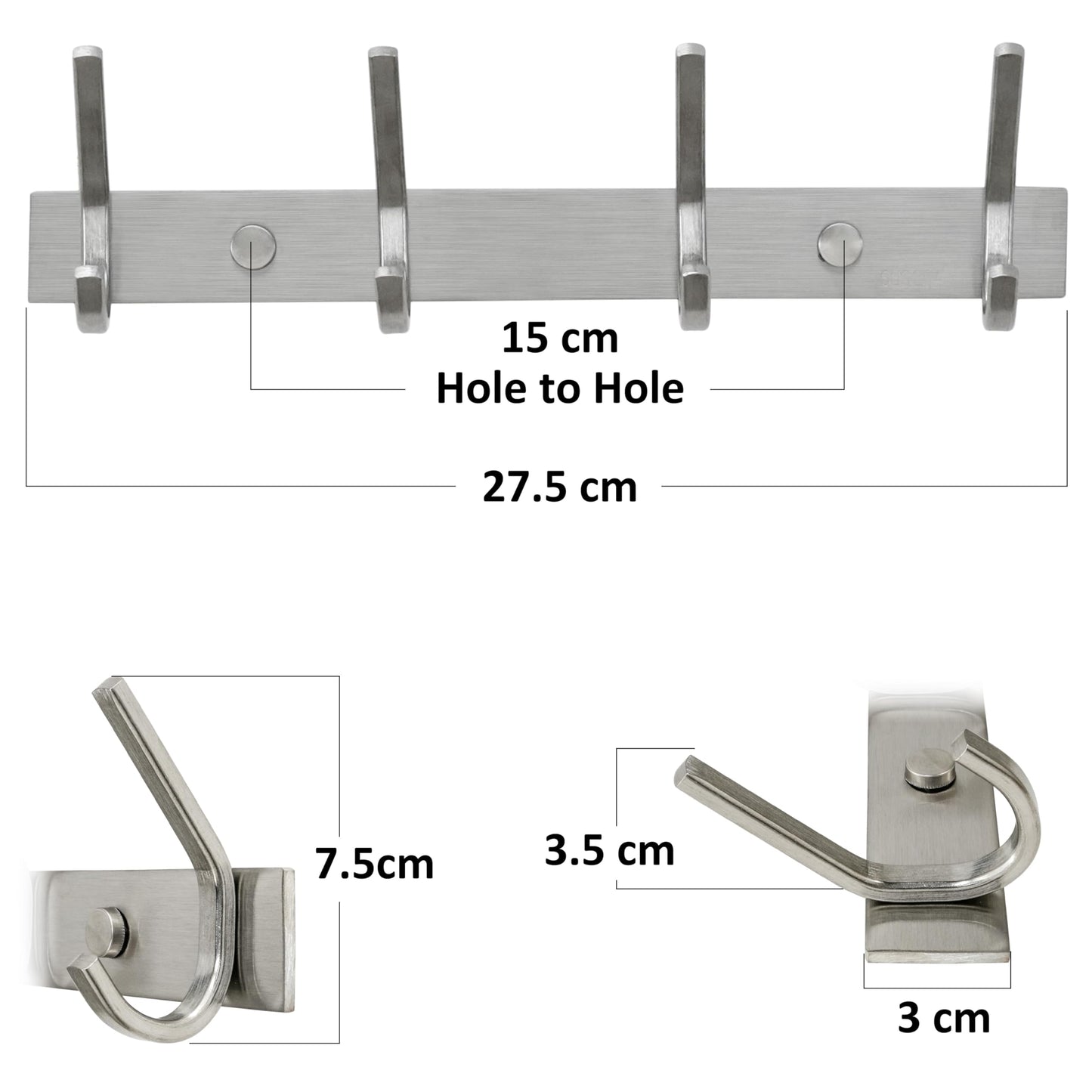HONSKY Wall Coat Rack, 17.5cm Towel Rack, Painted Metal Wall Coat Hanger with 4 Double Hooks (8 Single Hooks),for Hanging Coat, Hat, Bag, Towel