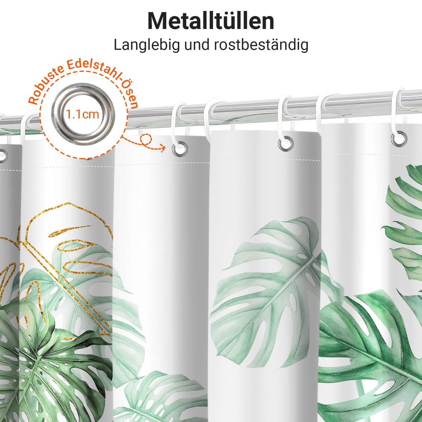 Shower Curtain, 120 x 180 cm, Golden Edged Bamboo Leaves Motif, Weighted Hem, Anti-Mould, Water-Repellent