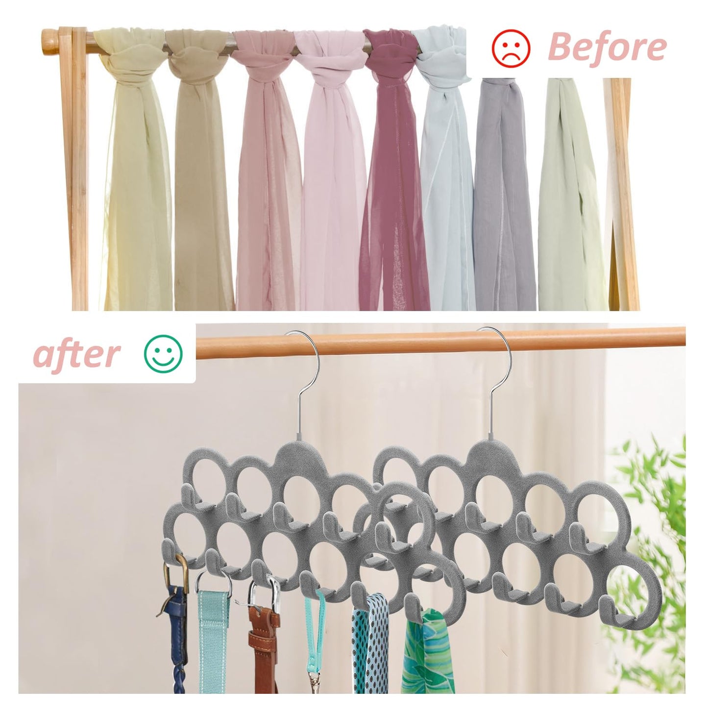 ManGotree Velvet Scarf Storage Hangers with 11 Loops and Hooks 2 Pack Grey